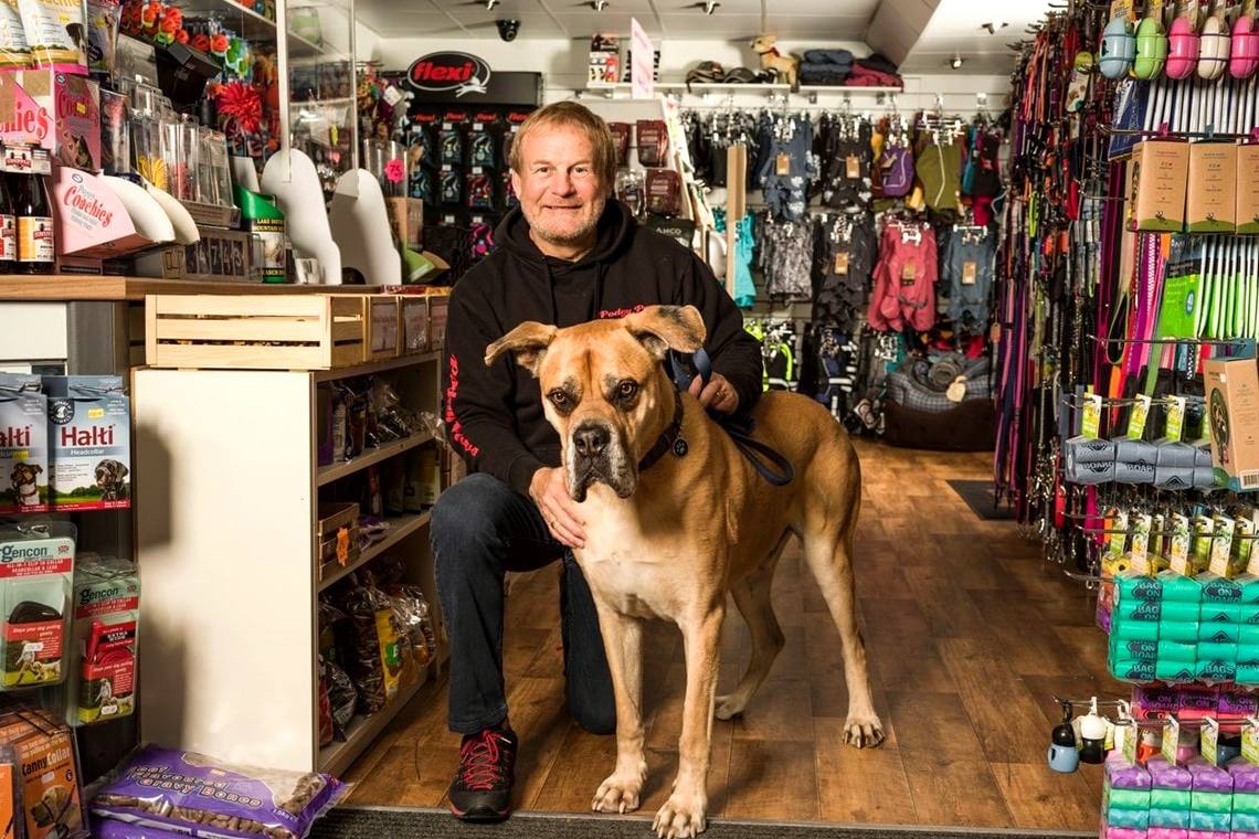 Pete Harper (Owner) & Buddy the dog in Podgy Paws pet shop