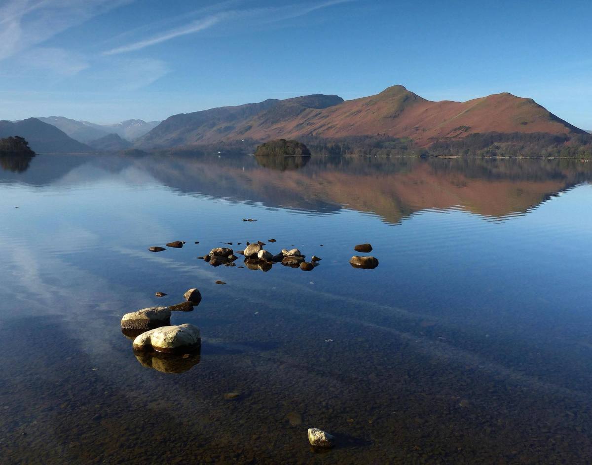 Derwentwater in March, its wooded islands low on the still water