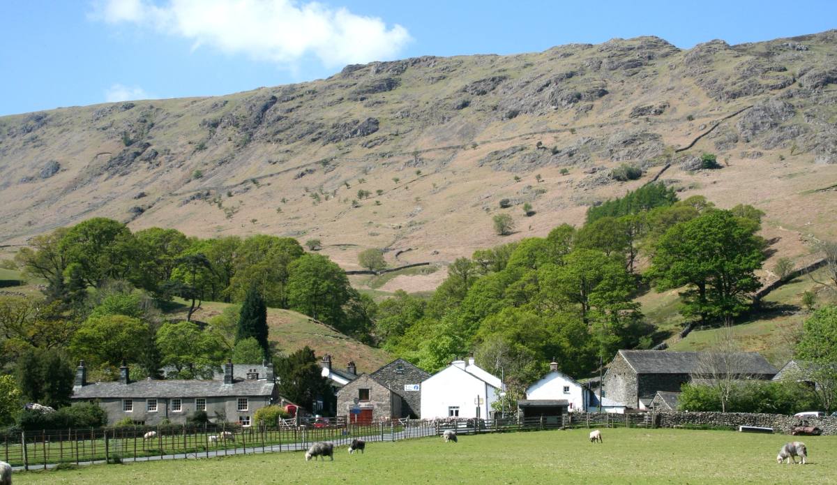 The white farmhouses of Stonethwaite in green pasture below a long bracken fell