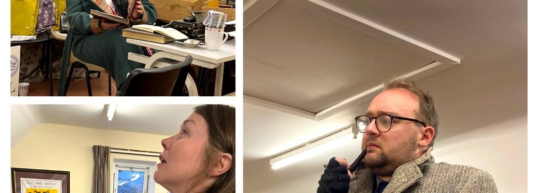 Compilation of images of the cast in rehearsal