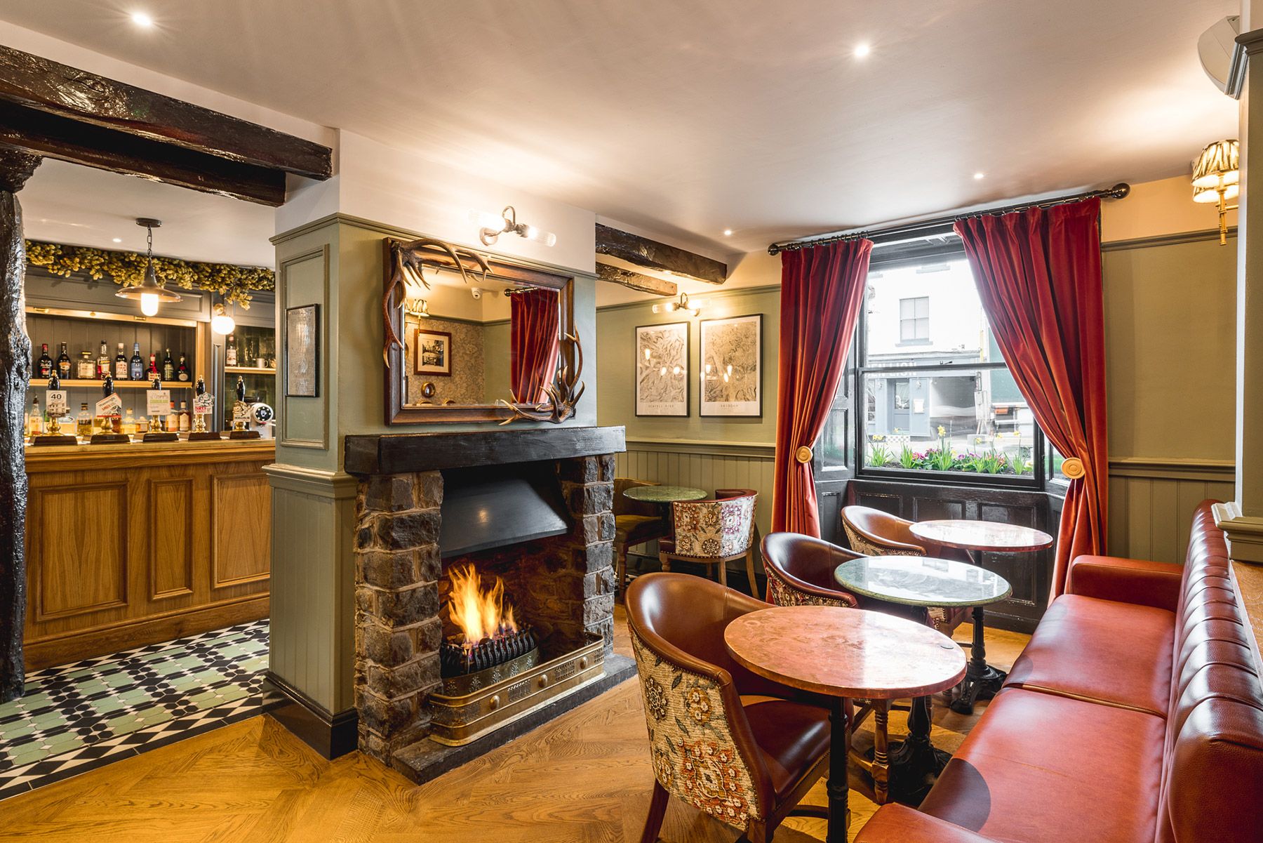 The bar at the King's Arms, with an open fire