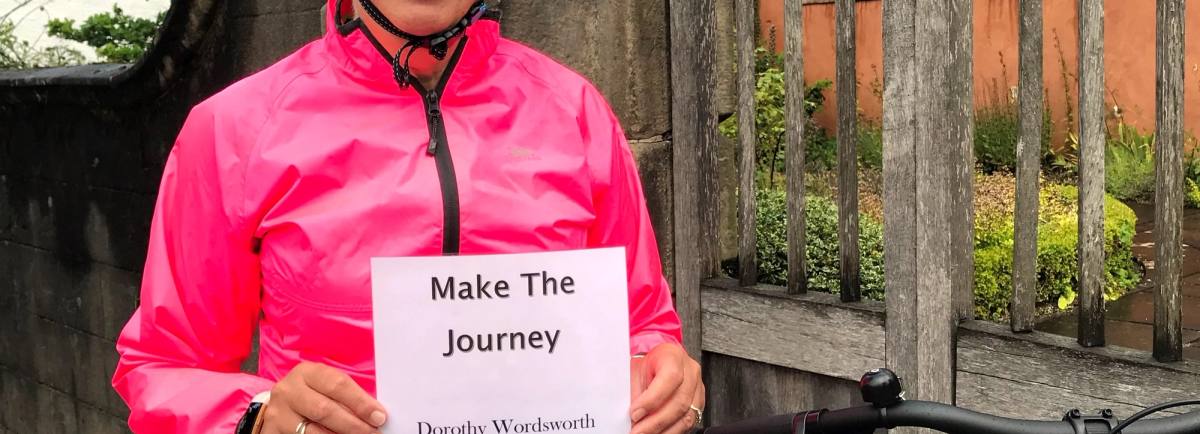 Gill Conlon starting her Make the Journey challenge for Dorothy Wordsworth's 250th anniversary outside Wordsworth House and Garden, Cockermouth