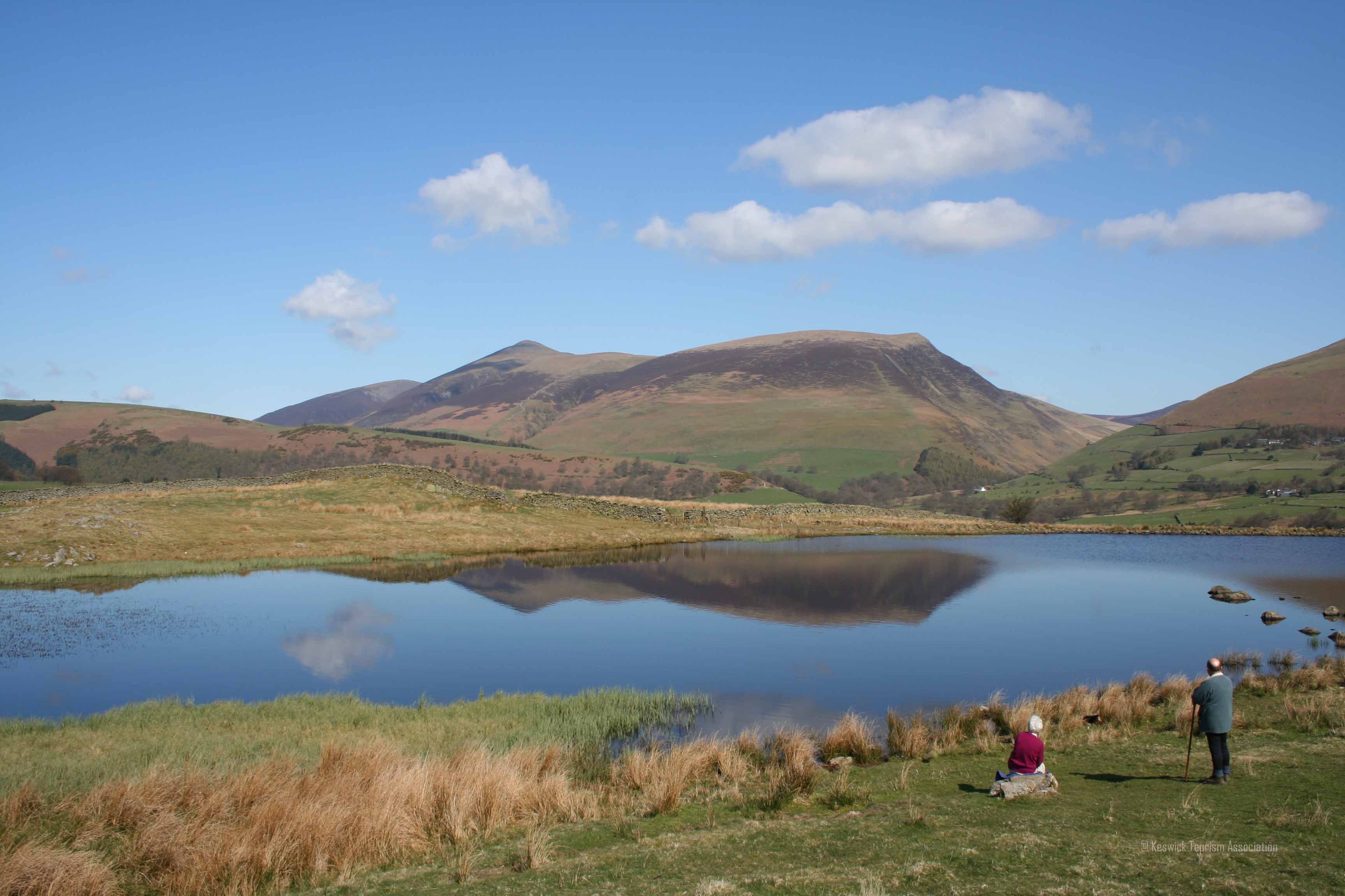 A tarn lying in green hedged fields with the fells rising beyond