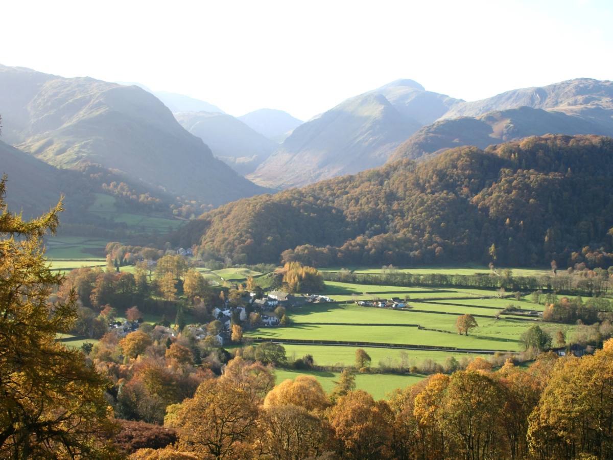 The Borrowdale valley in full autumn colour seen from the fellside above