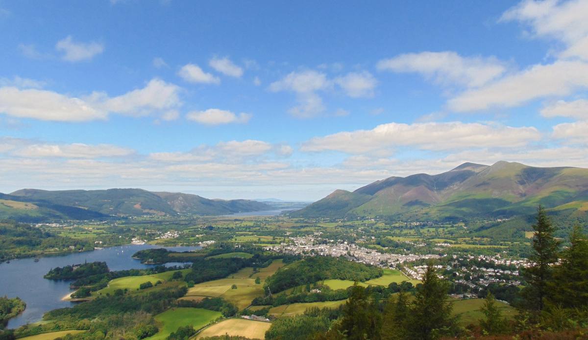 Keswick and Derwentwater laid out below with the far fells beyond