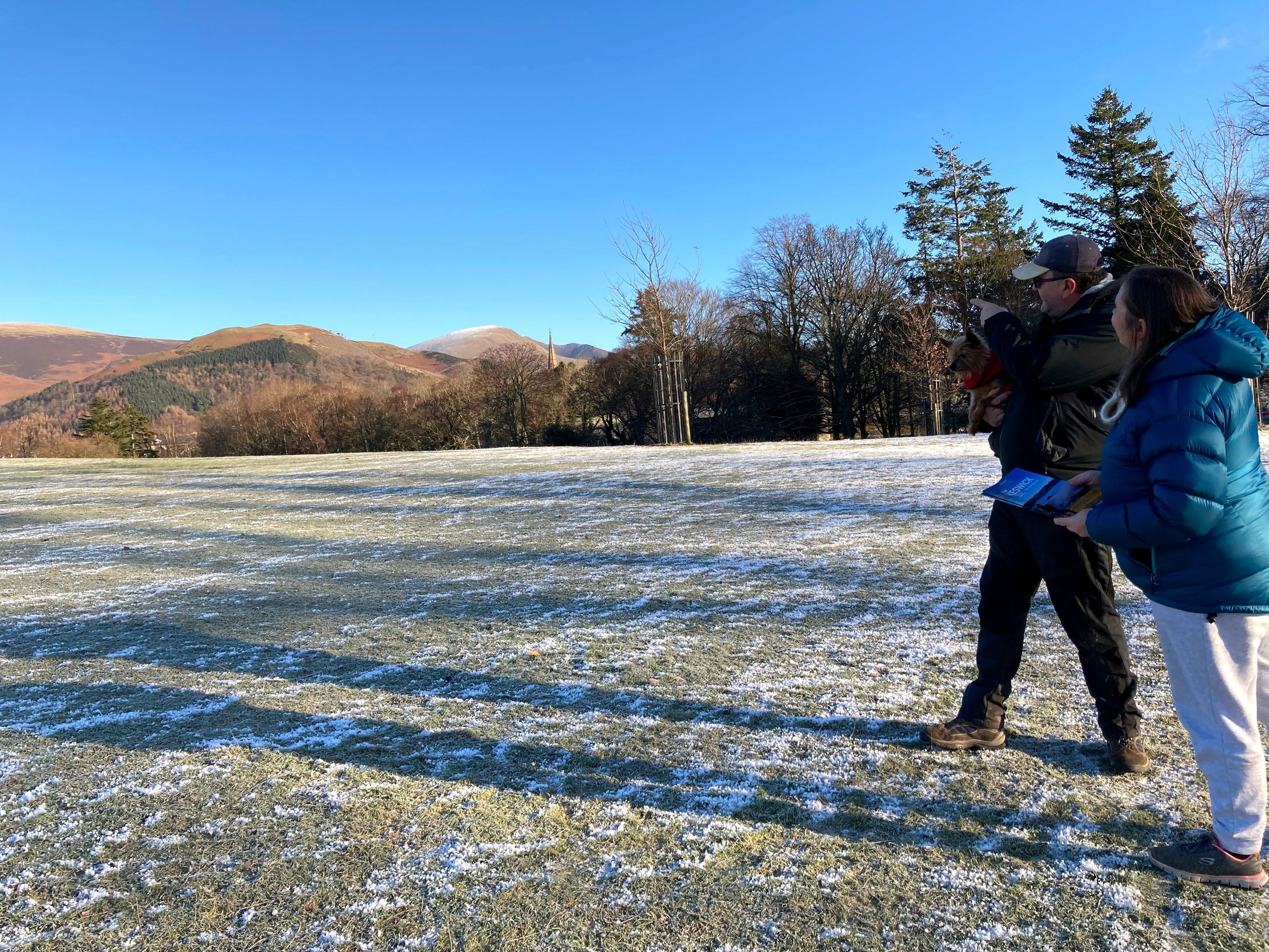 Rob and Vanessa in Crow Park looking towards Latrigg. Rob pointing out where the image was taken from.