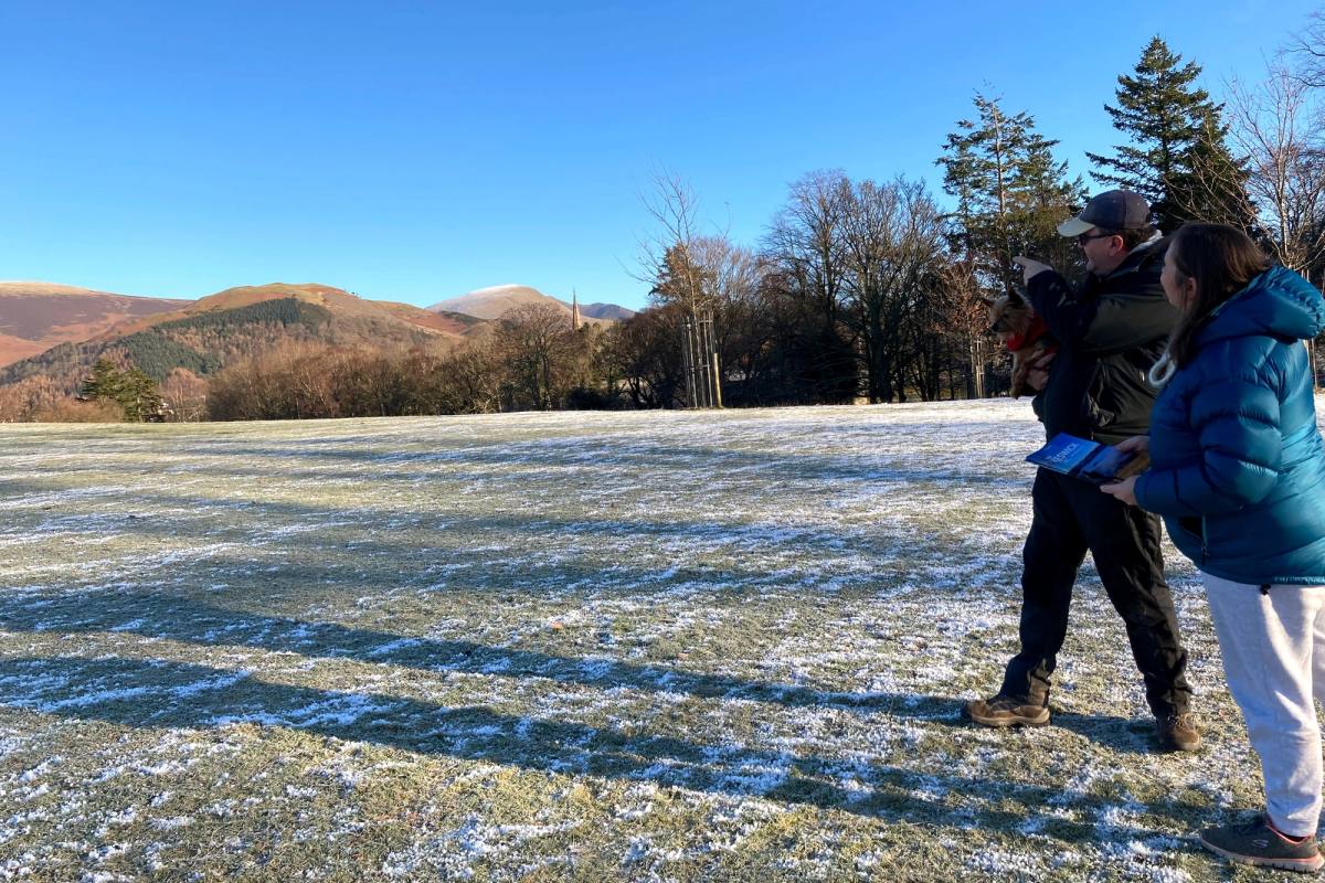 Rob and Vanessa in Crow Park looking towards Latrigg. Rob pointing out where the image was taken from.