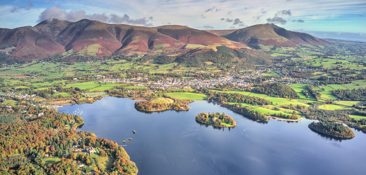 Derwentwater and Keswick in the distance from up on the fells