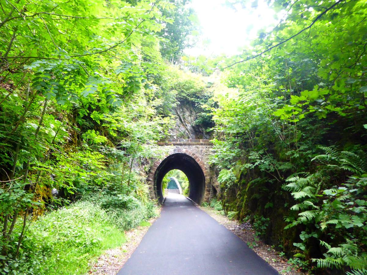 The path running through an old stone railway tunnel into green light beyond