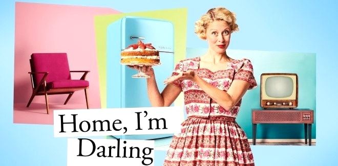 Woman in 1950's outfit holding a cake, promo poster for Home I'm Darling
