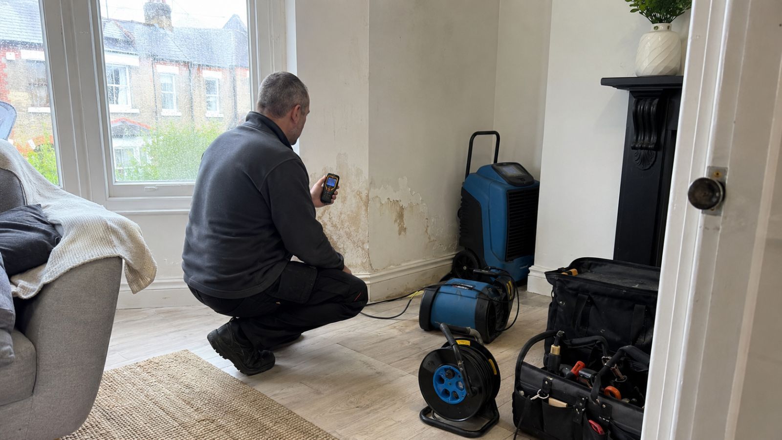 Clear Flow engineer carrying out water damage restoration in Havering, London