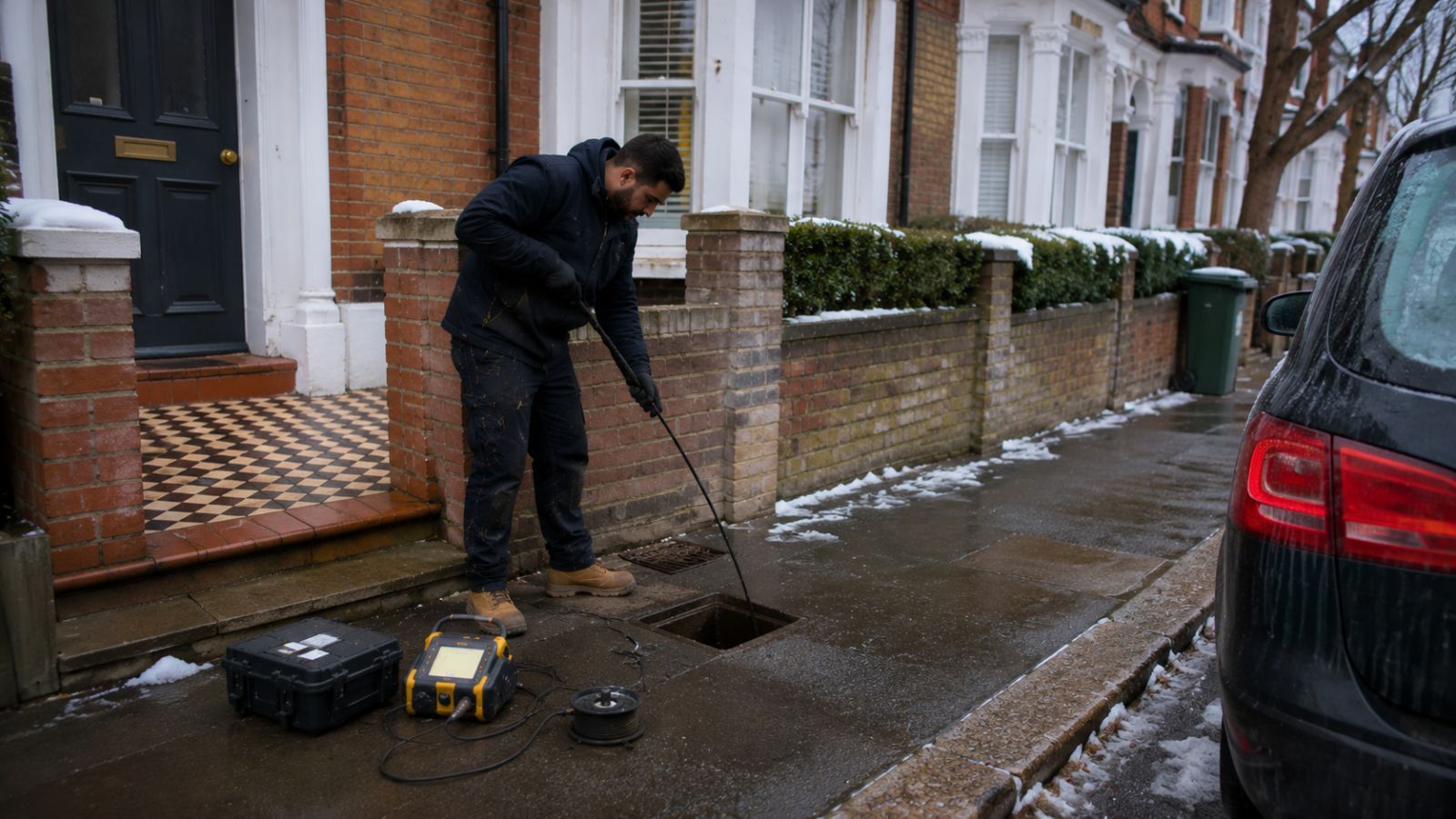 Clear Flow engineer carrying out drain leak detection in Hounslow, London