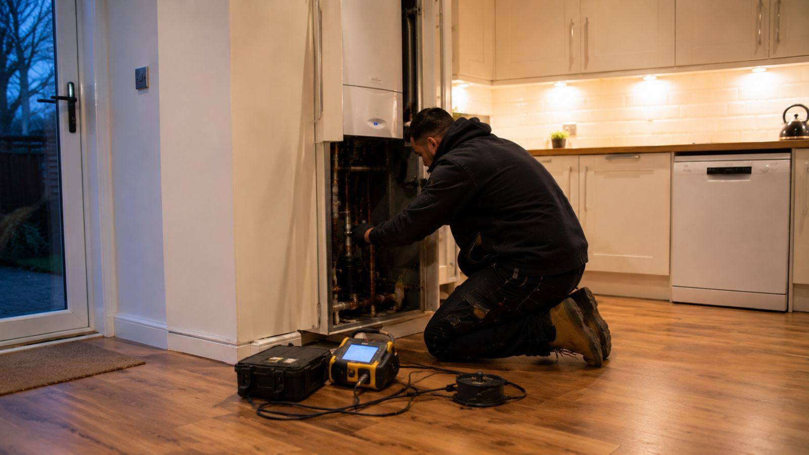Clear Flow engineer carrying out boiler leak detection in Lewisham, London