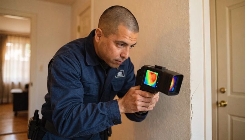 Specialist engineer using thermal imaging camera to detect hidden water leak in a residential property