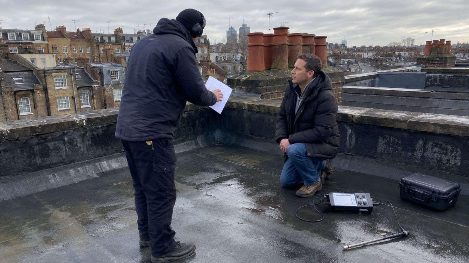 Clear Flow engineer carrying out flat roof leak detection in Haringey, London