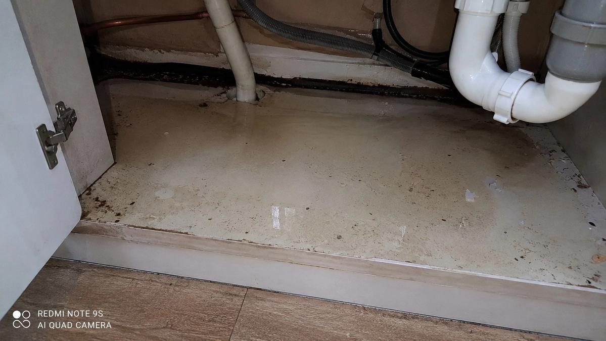 Water pooling under a kitchen sink cabinet in a UK rental property, photographed by an engineer