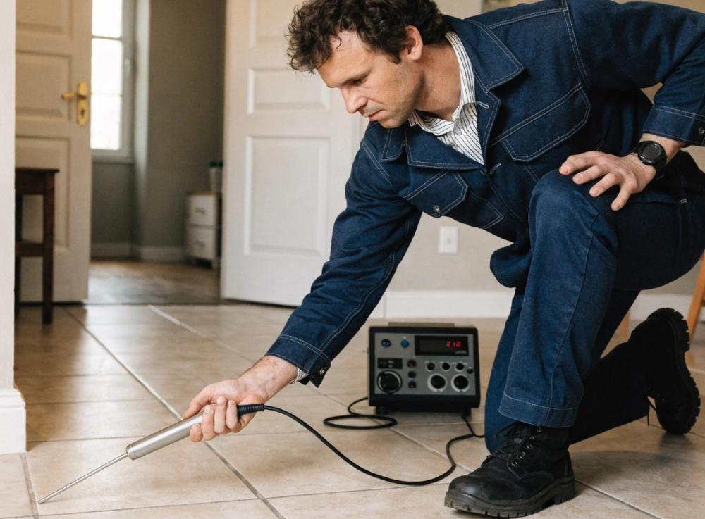 Engineer using tracer gas probe at floor level