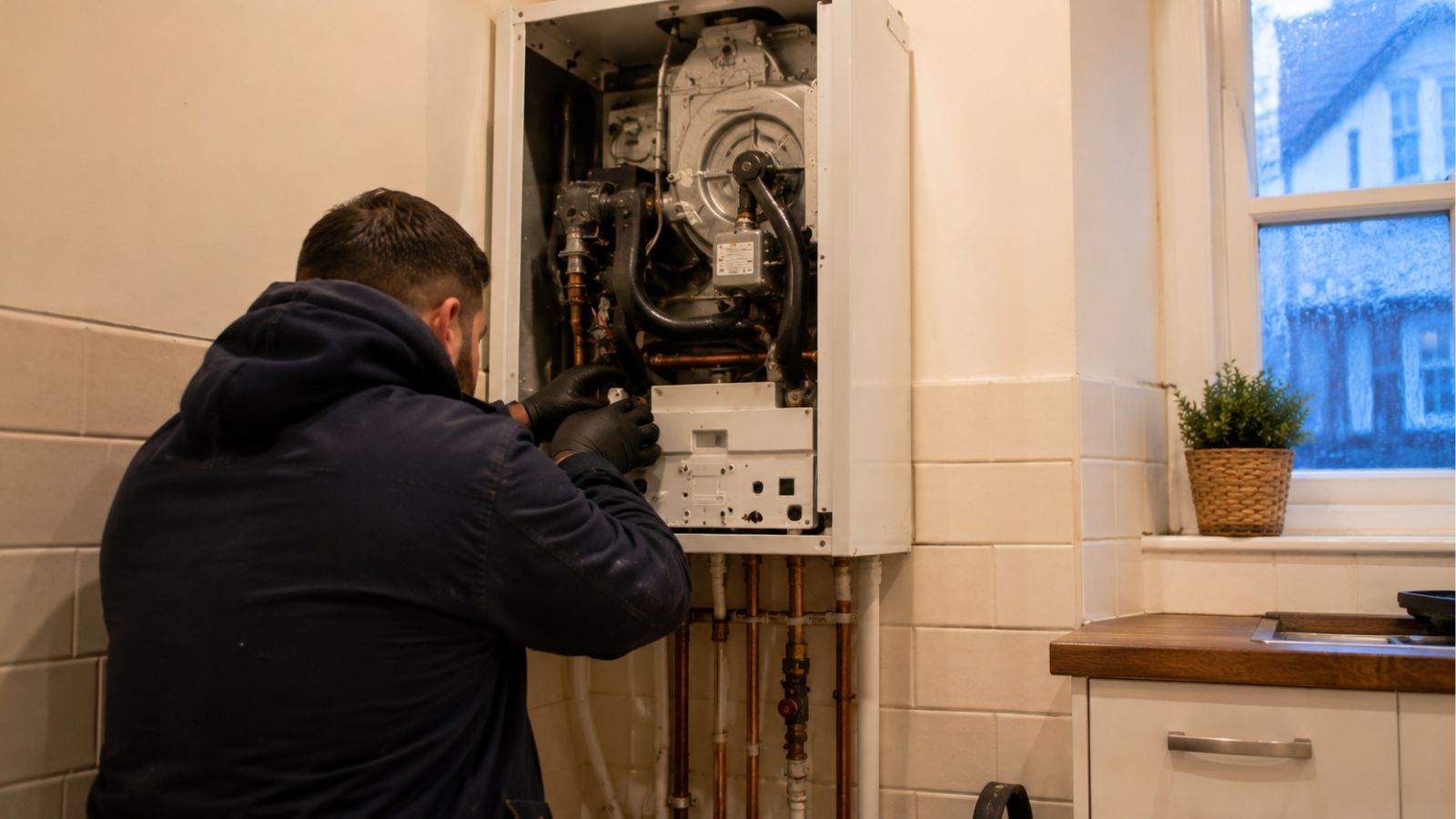 Clear Flow engineer carrying out boiler leak detection in Merton, London