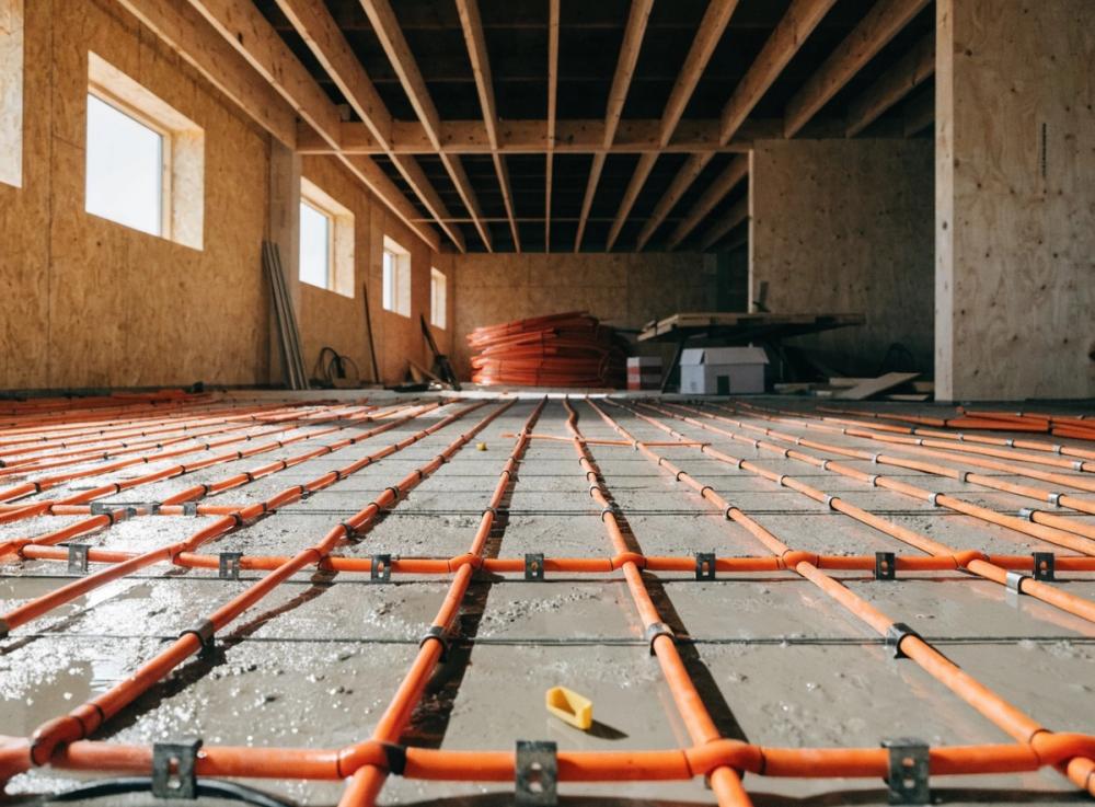 Underfloor heating pipes in screed