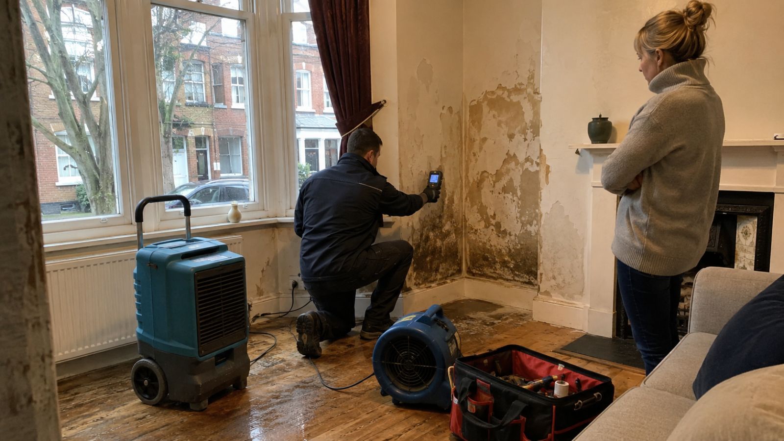 Clear Flow engineer carrying out water damage restoration in Hounslow, London