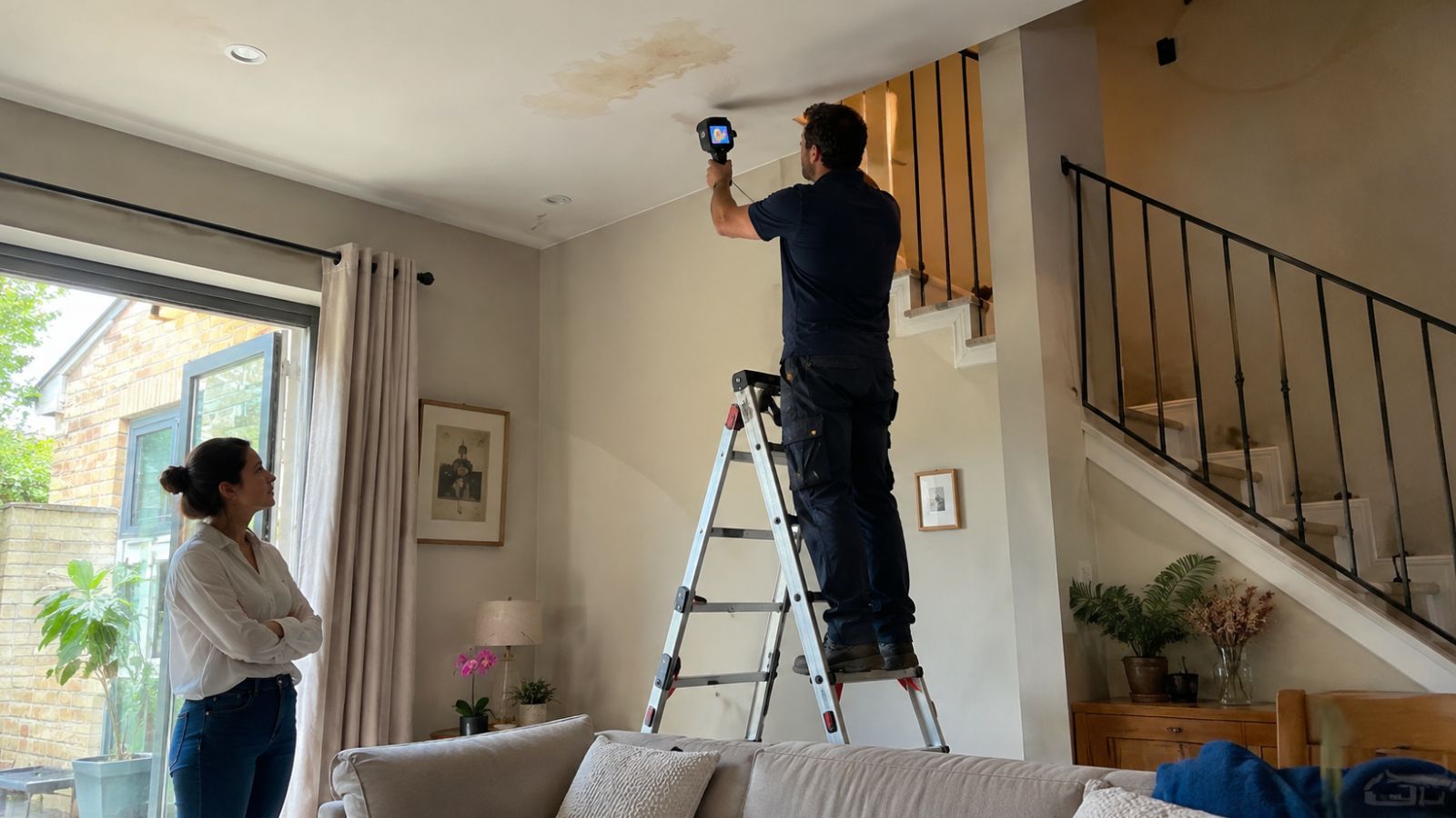 Clear Flow engineer investigating a ceiling leak in Bromley, London