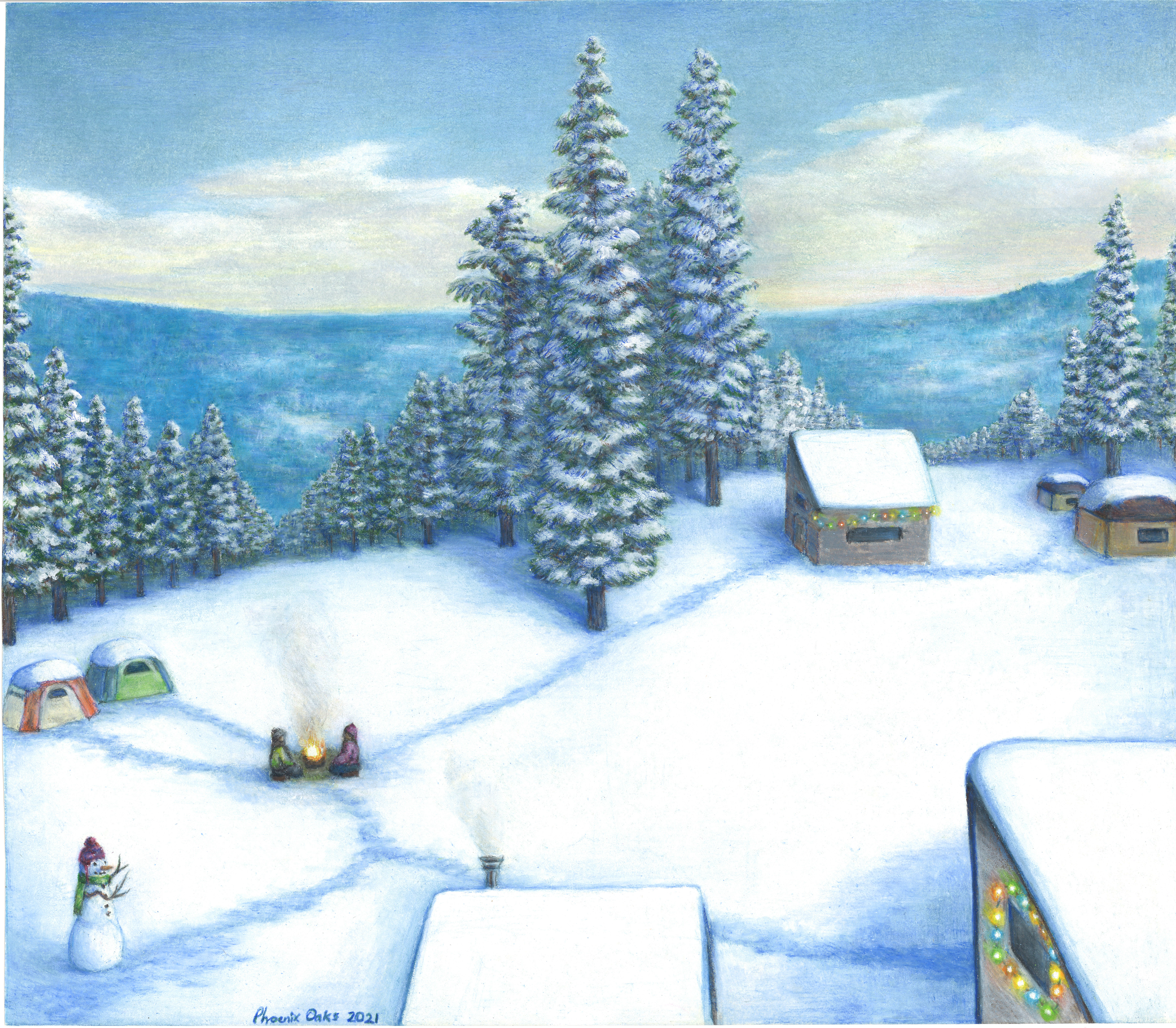 An illustration depicting a snowy scene with a snowman, fir trees and mobile homes