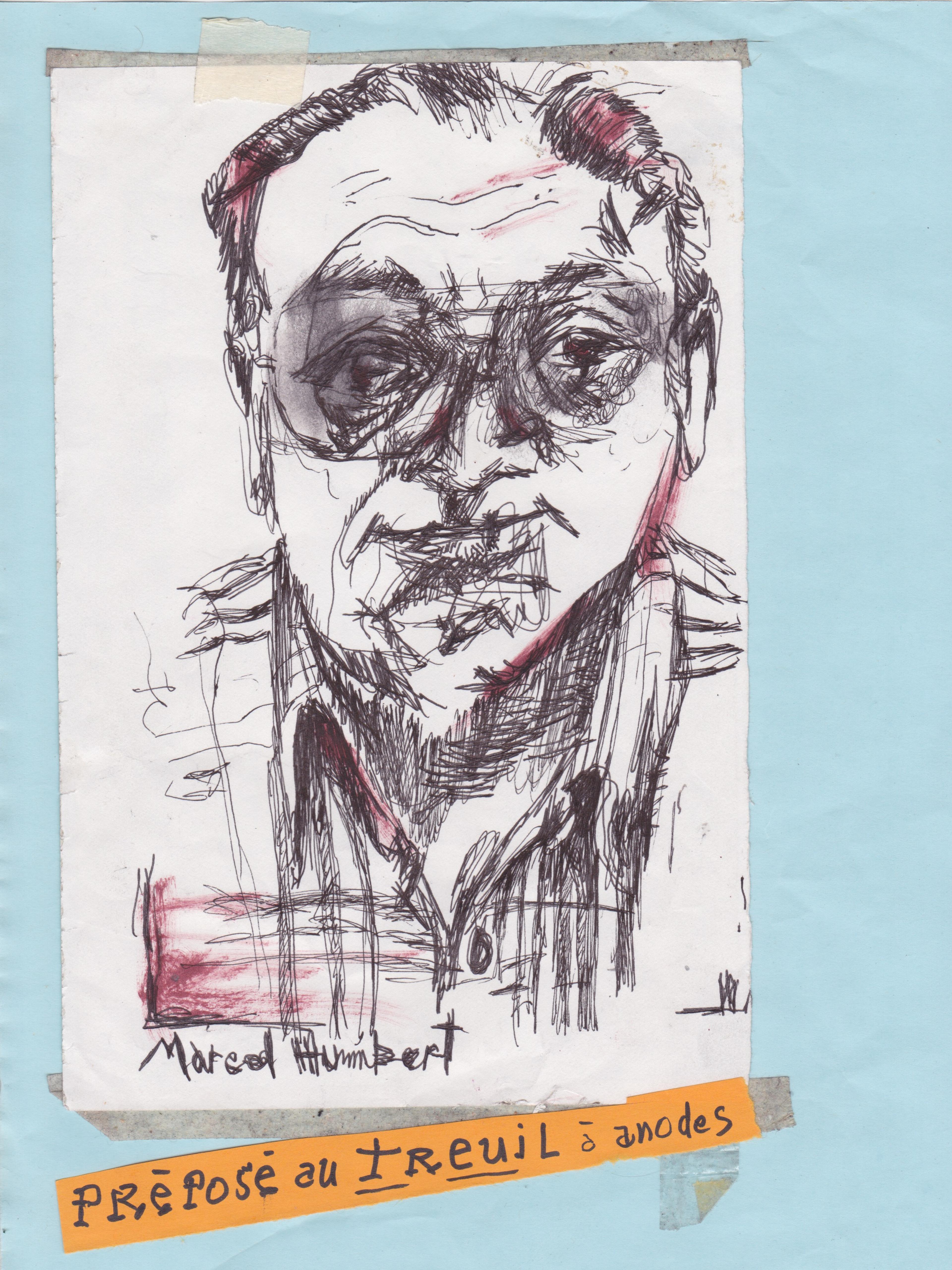 A portrait of a Québec factory worker named Marcel Humbert. Underneath the drawing, it states his job title: "Préposé au treuil à anodes"