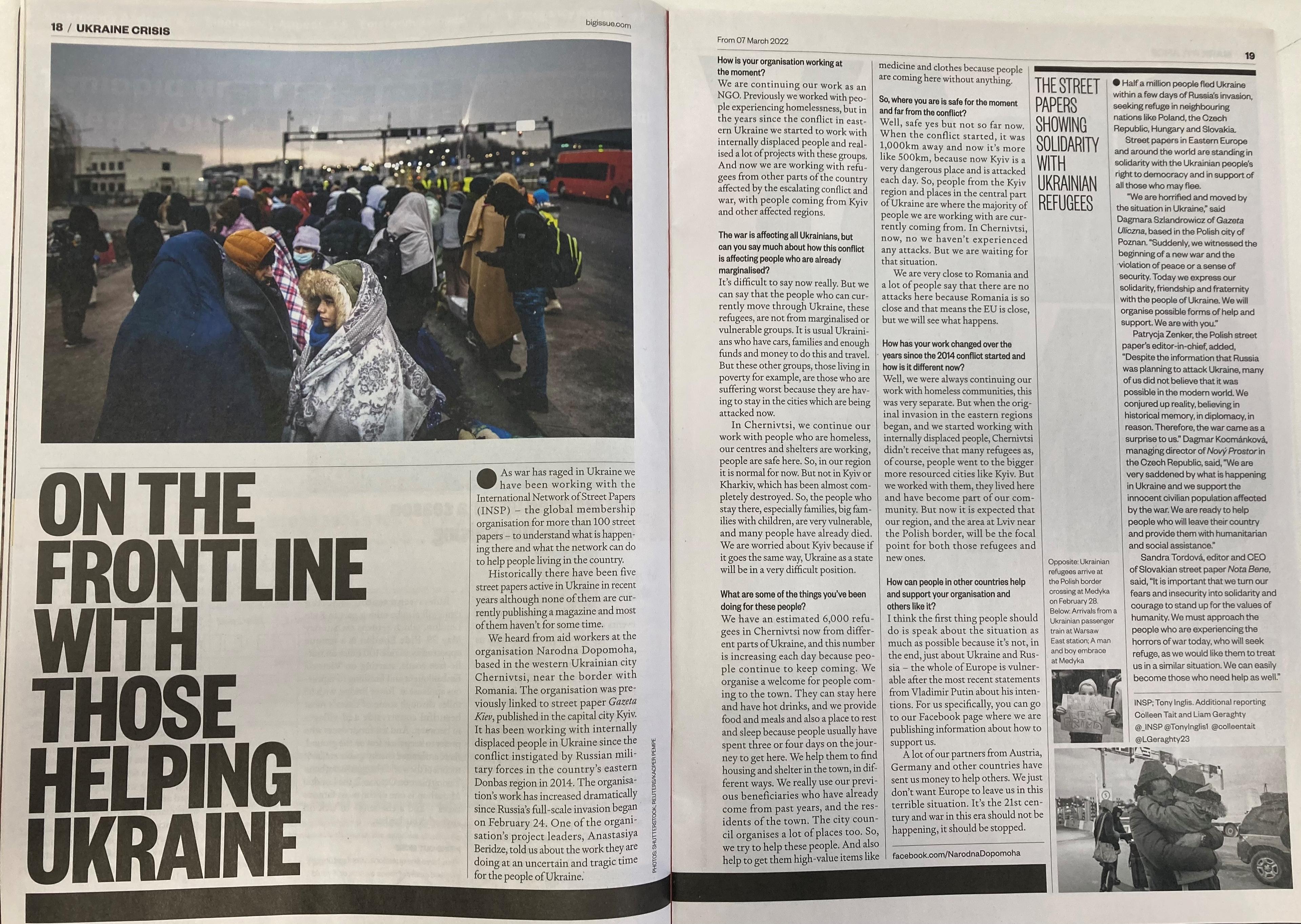 A spread from The Big Issue UK of a story about the effort to help marginalised groups at the outbreak of the Russian invasion of Ukraine.