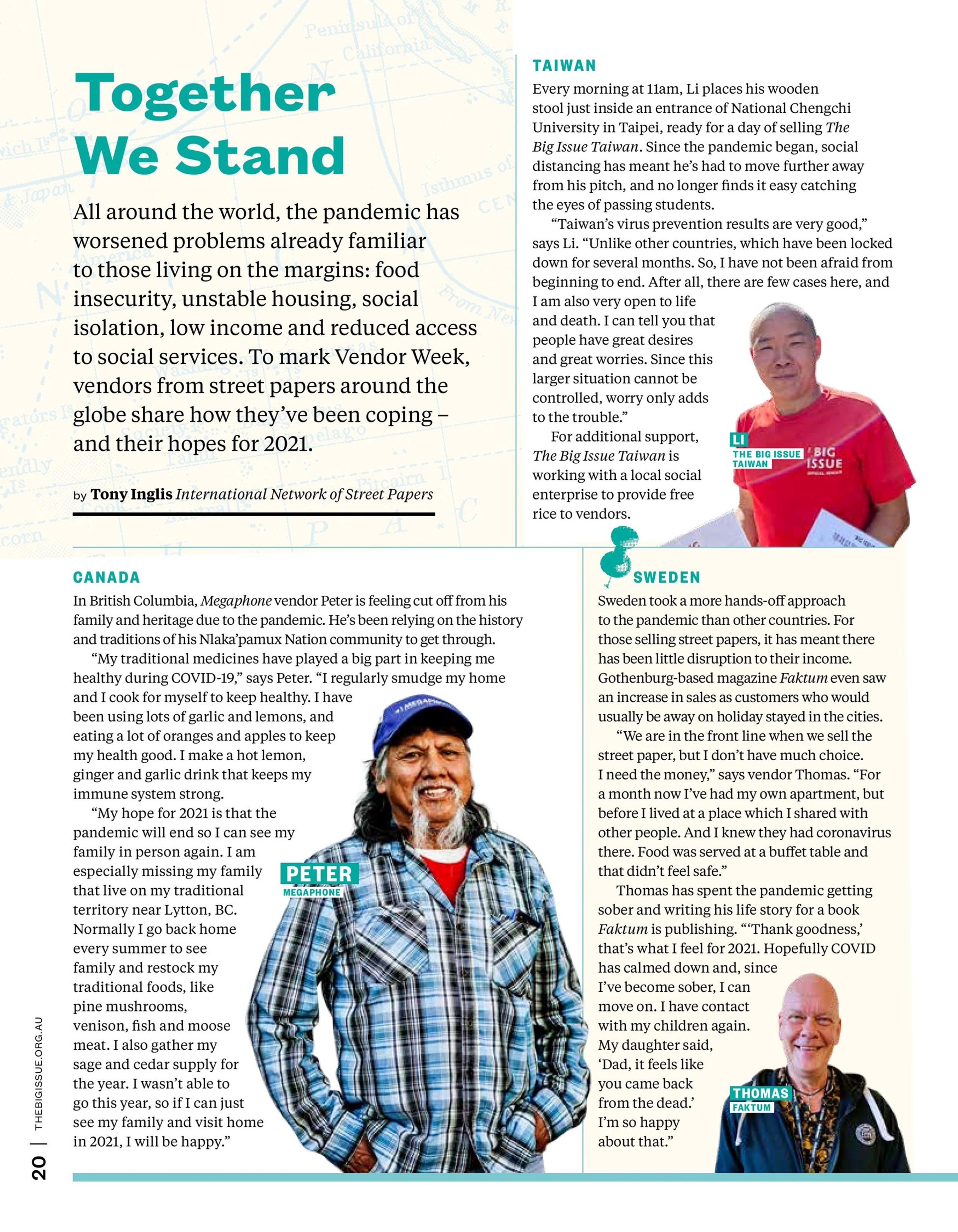 A page of The Big Issue Australia with stories about street paper vendors