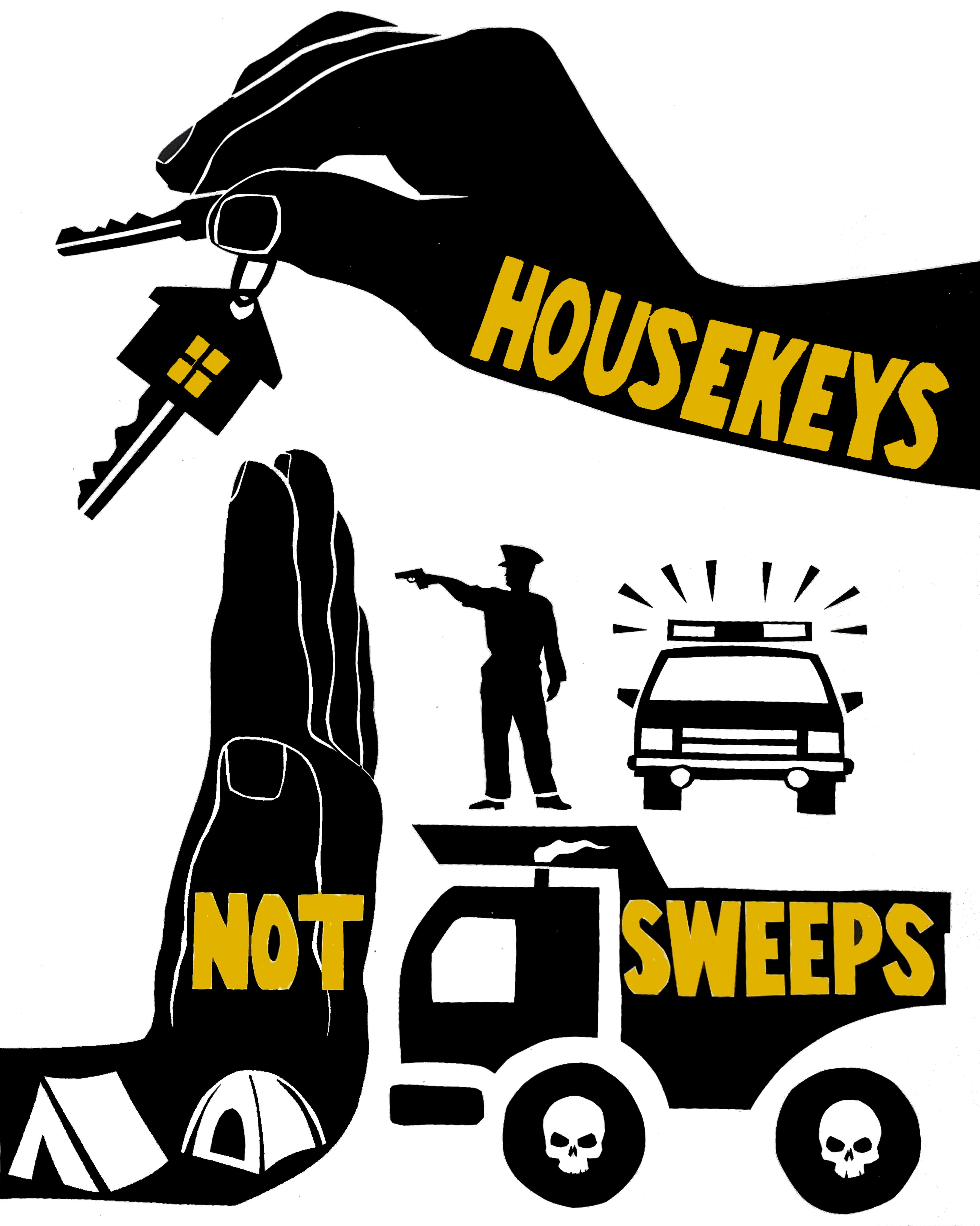 A poster showing a hand holding a set of keys above a outspread hand and images of police and trucks