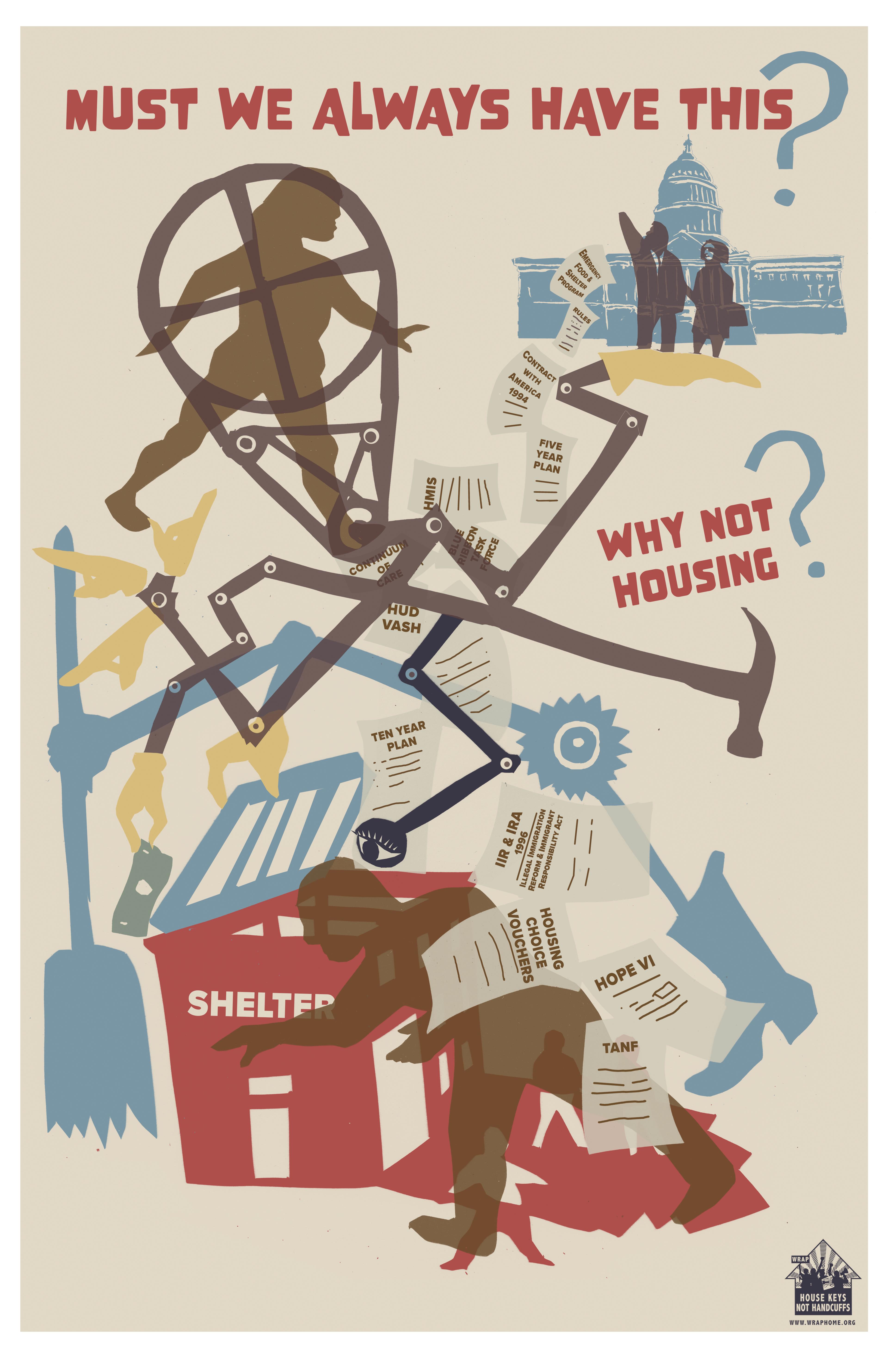 A housing advocacy poster which states "Must we always have this?"  above depictions of the different stopgaps and ways those without housing are penalised. Next to them, it states: "Why not housing?"