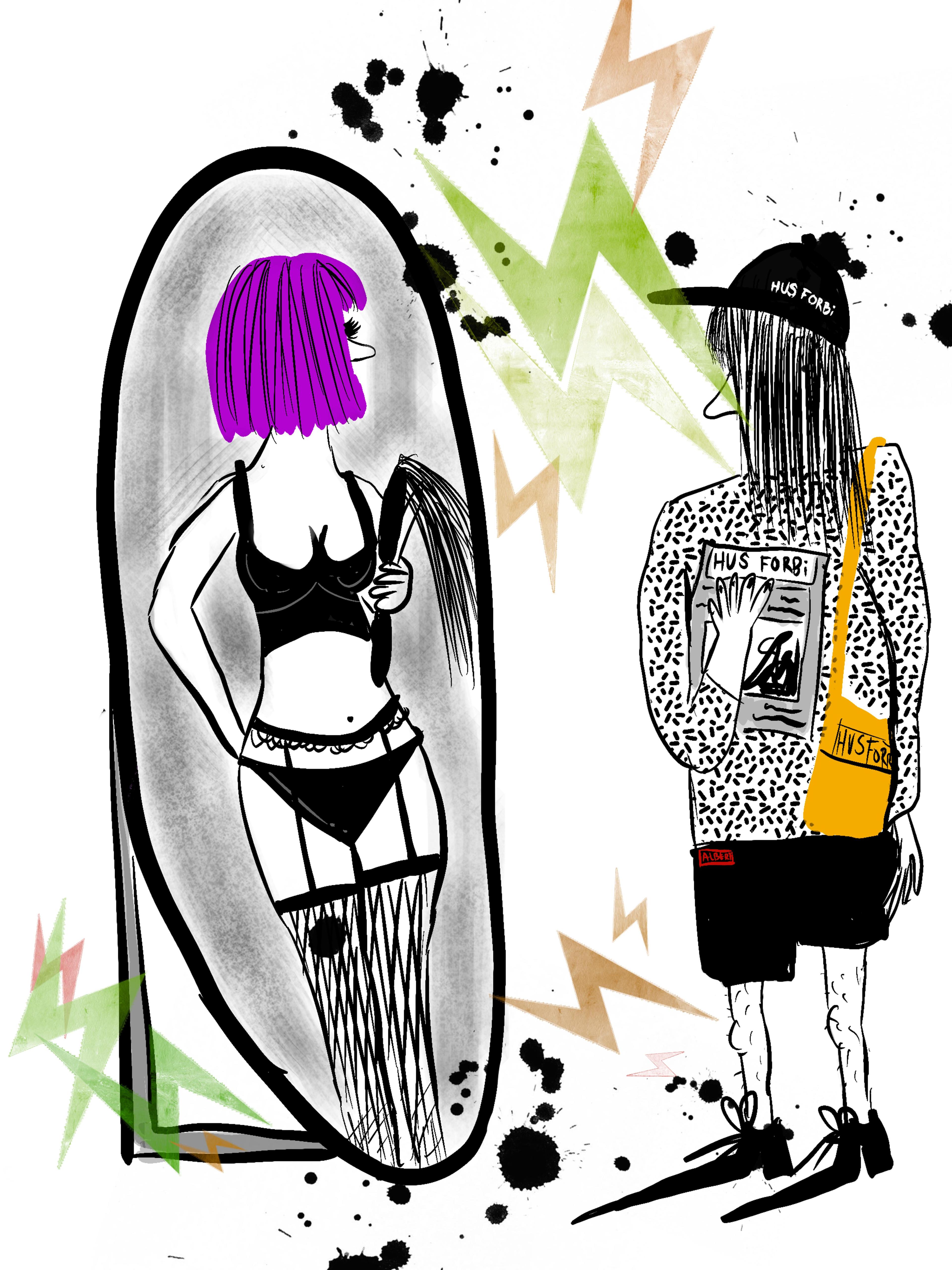 An illustration depicts a Hus Forbi vendor holding the magazine looking into a mirror. Their reflection is a purple-haired, lingerie-clad sex worker.