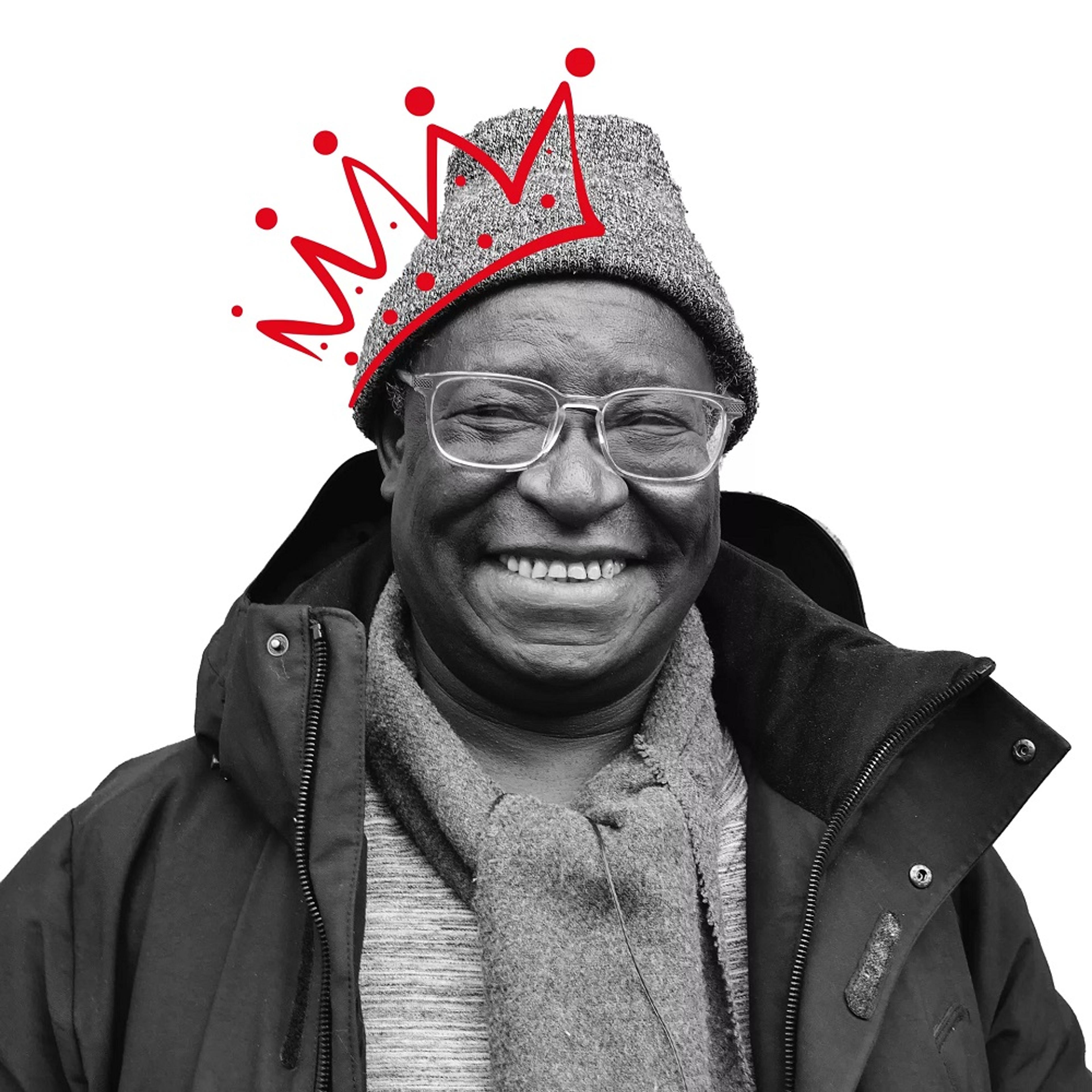 Black and white image of man with animated crown