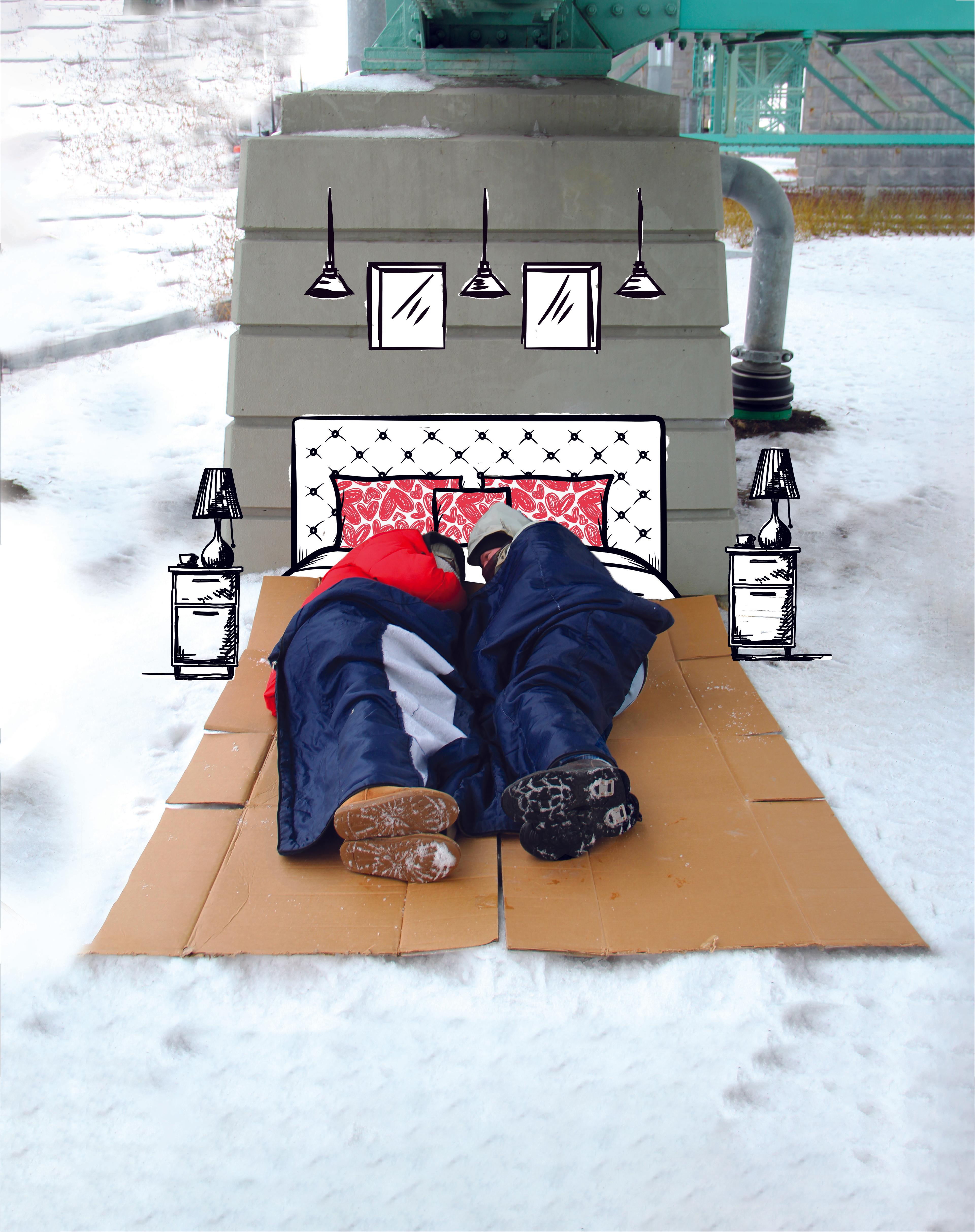 Two people lie together in sleeping bags in the snow