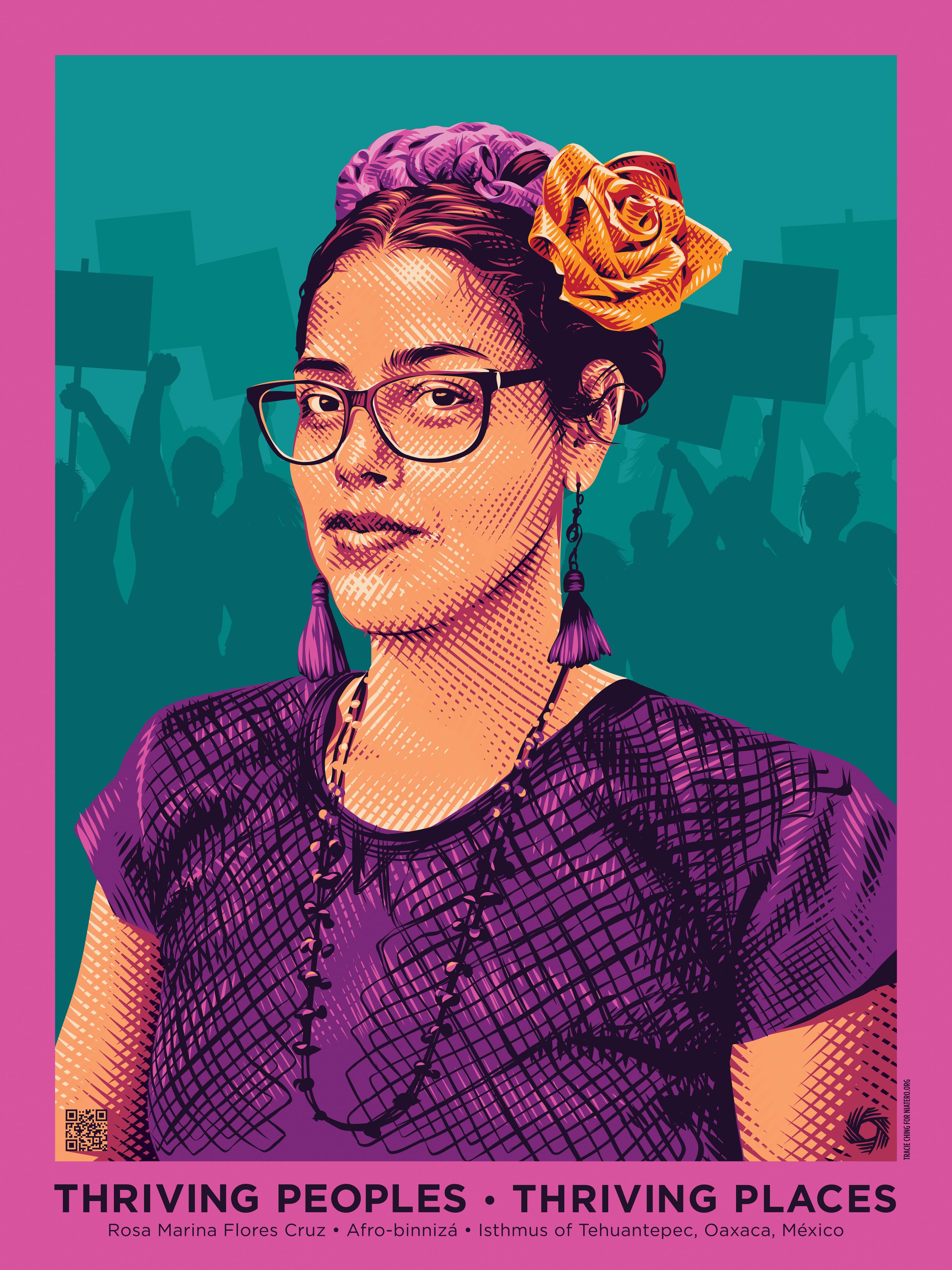 A poster depicting Indigenous activist Rosa Marina Flores Cruz