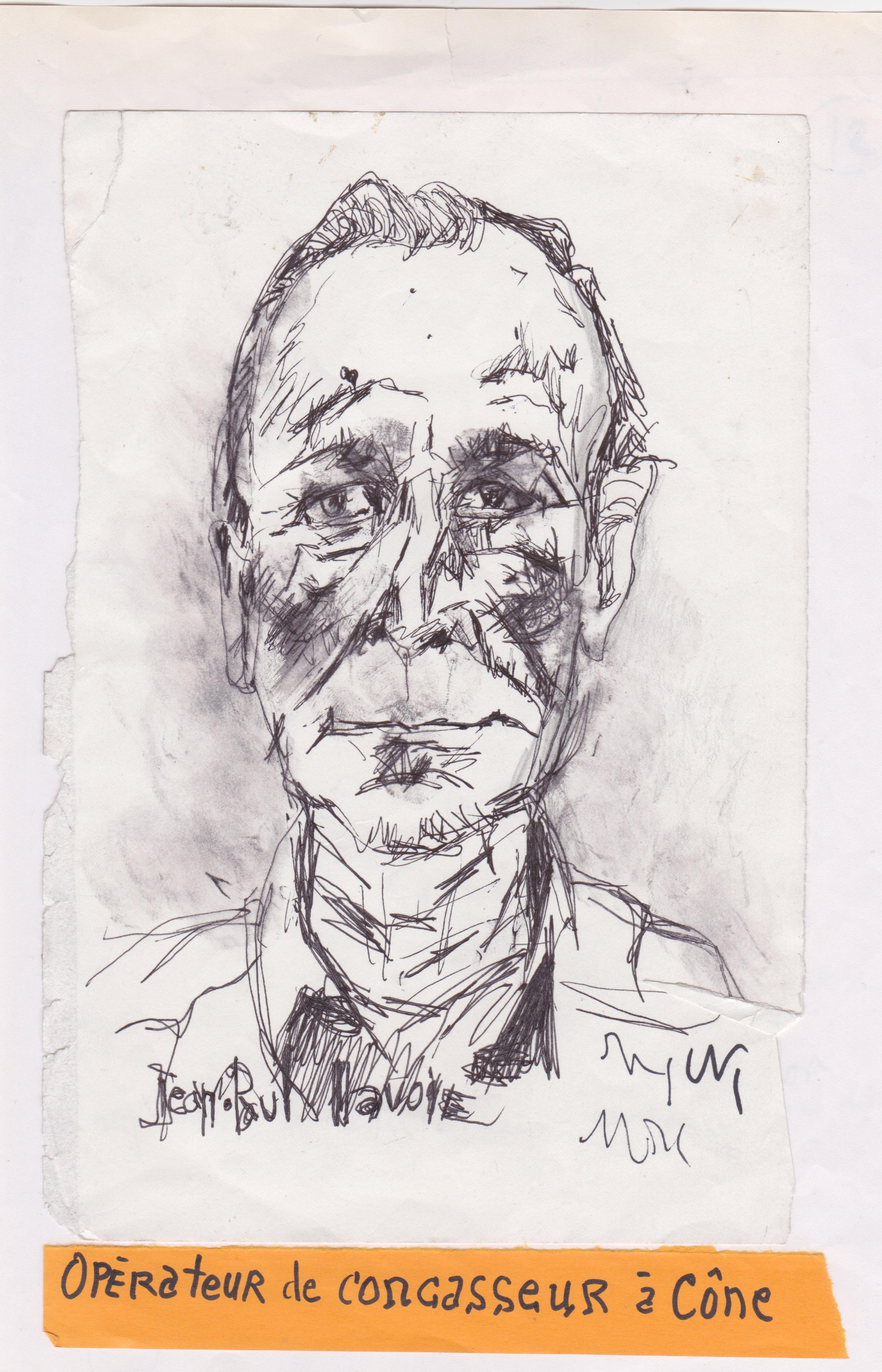 A portrait of a Québec factory worker named Jean-Paul. Underneath the drawing, it states his job title: "Opèrateur de concasseur à cône"