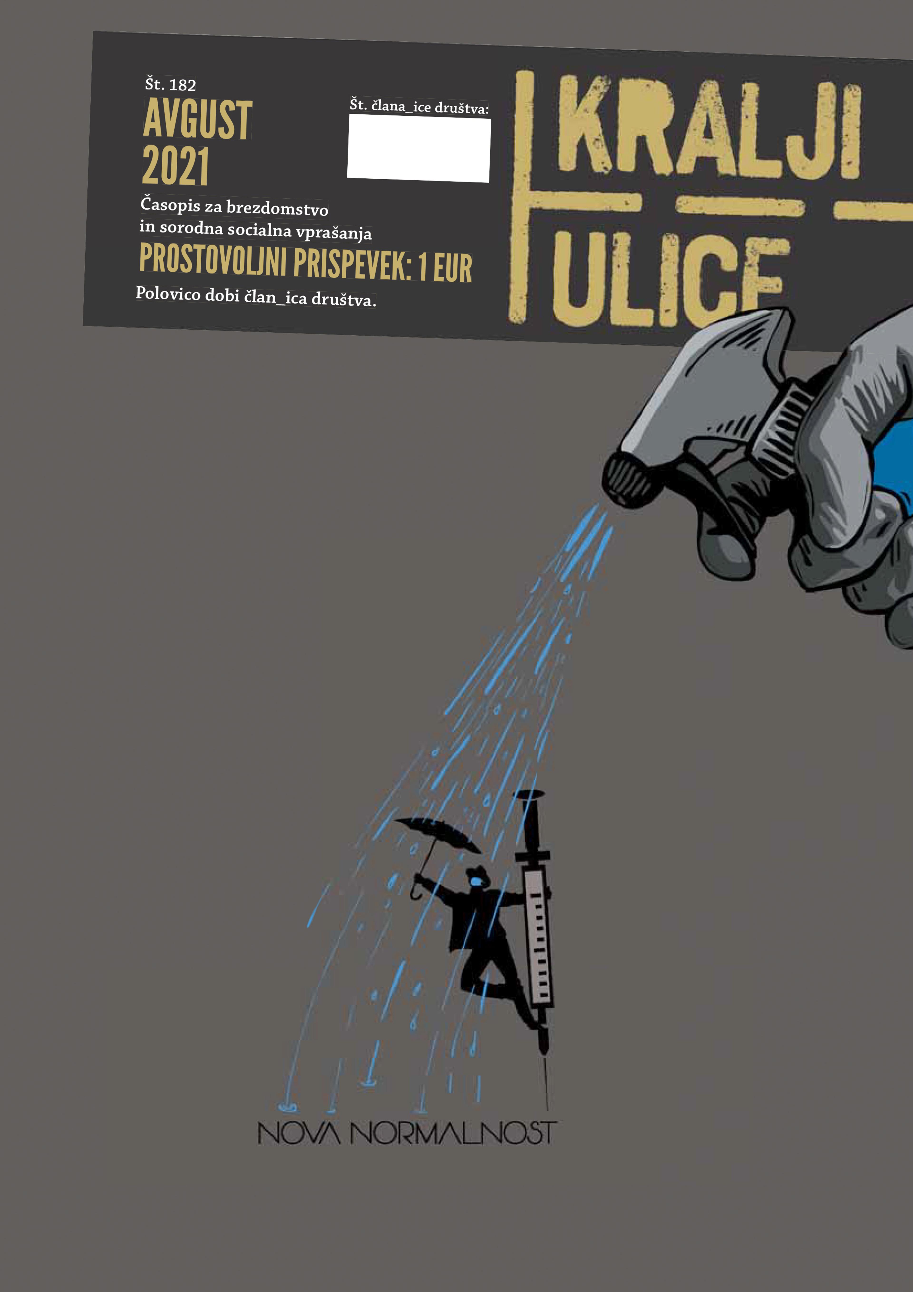 The cover of street paper Kralji Ulice depicting a gloved hand spraying an antibacterial liquid on a man with an umbrella swinging around a syringe like in Singin' in the Rain