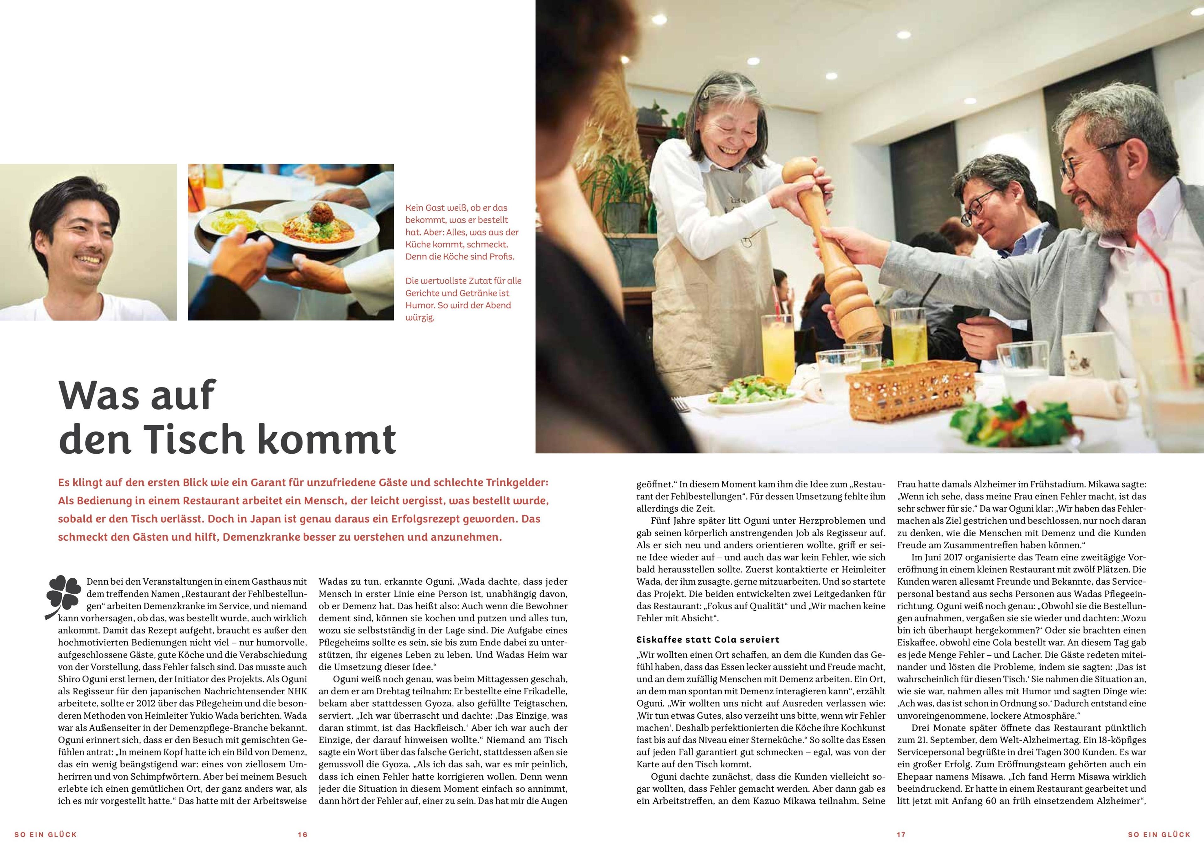 The spreads of German street paper Strassenkreuzer showing a story republished from The Big Issue Japan