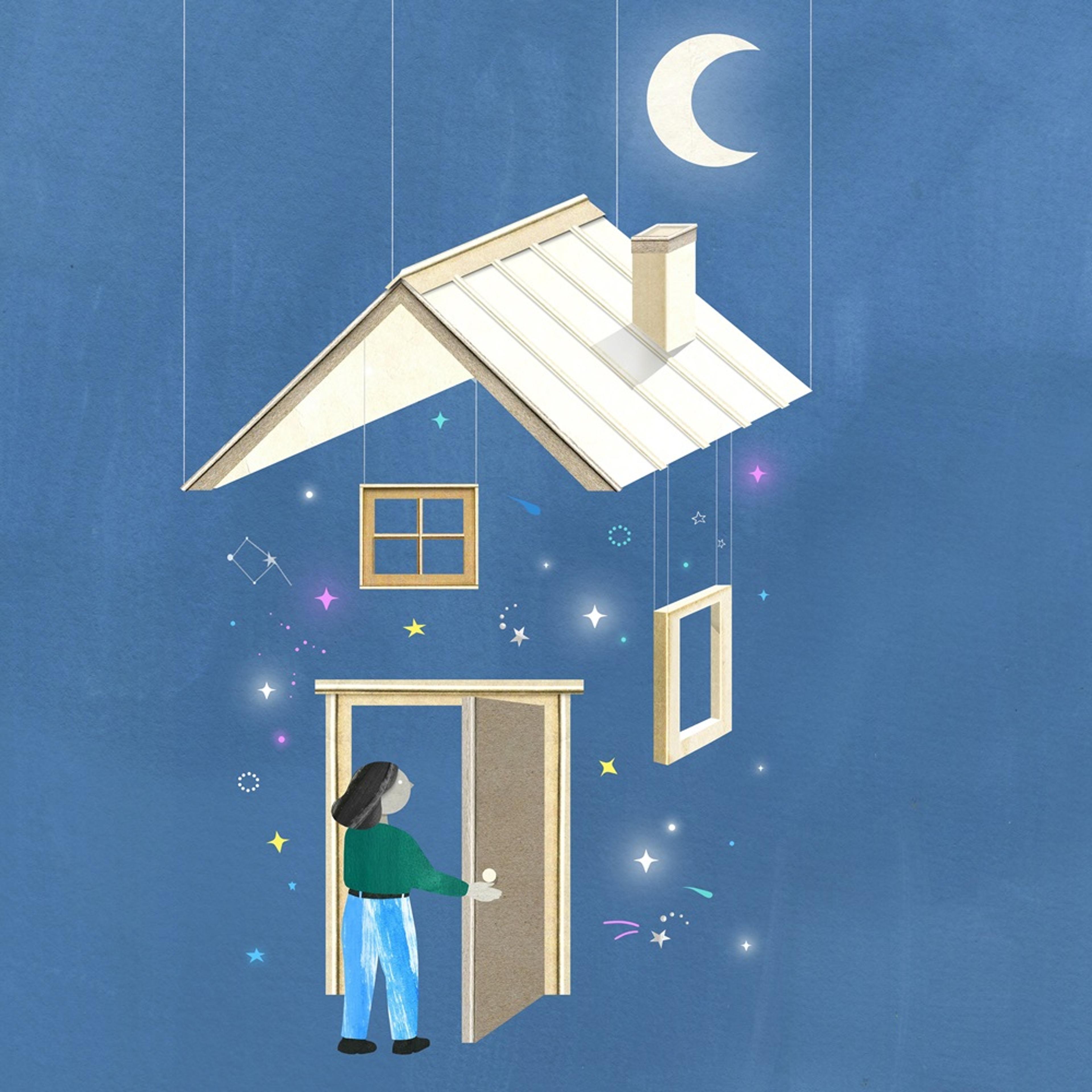 A woman enters a house in starry sky