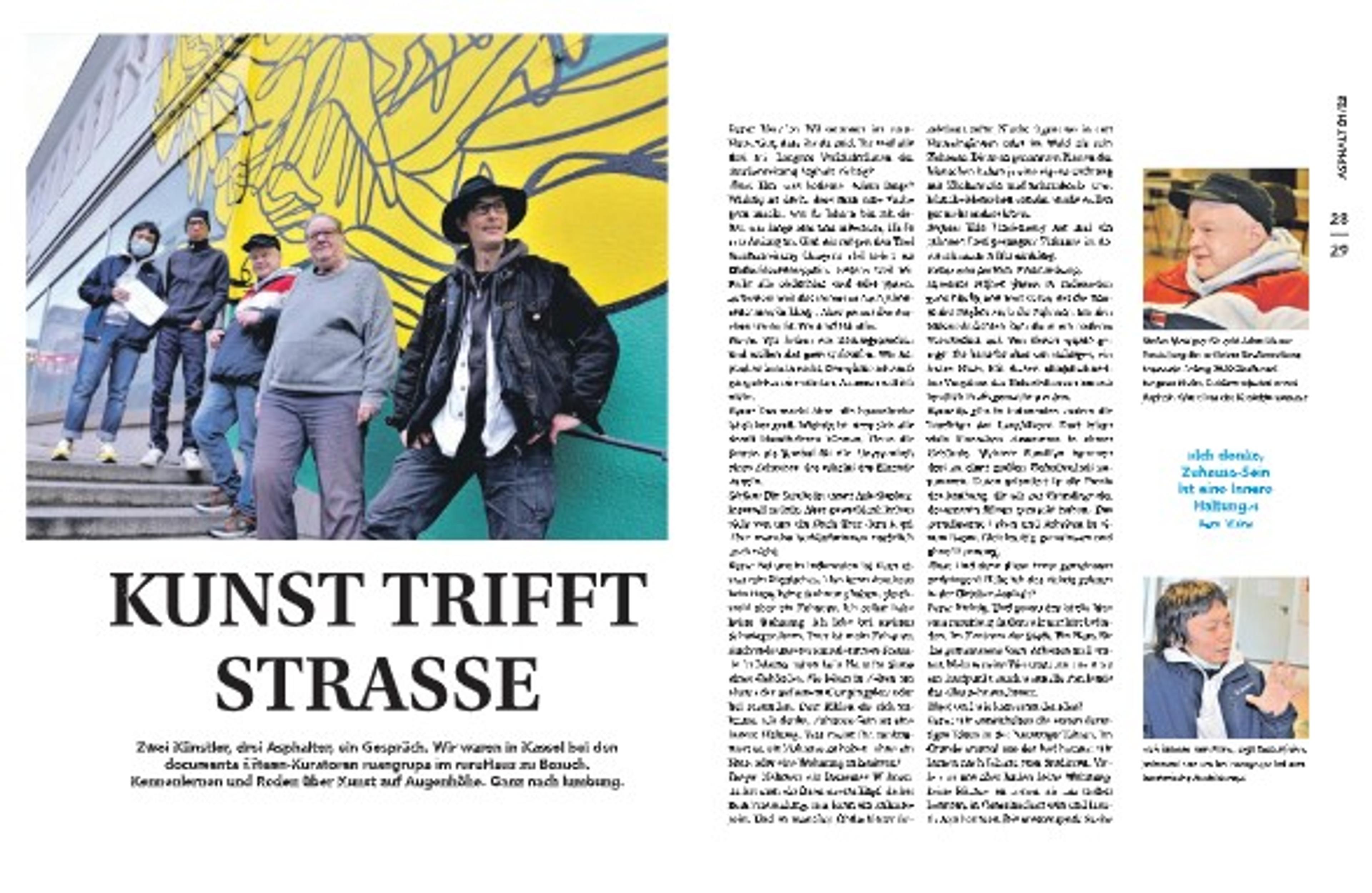 A newspaper spread containing an interview between vendors of the street paper Asphalt and the lead artists of the contemporary art exhibition documenta fifteen