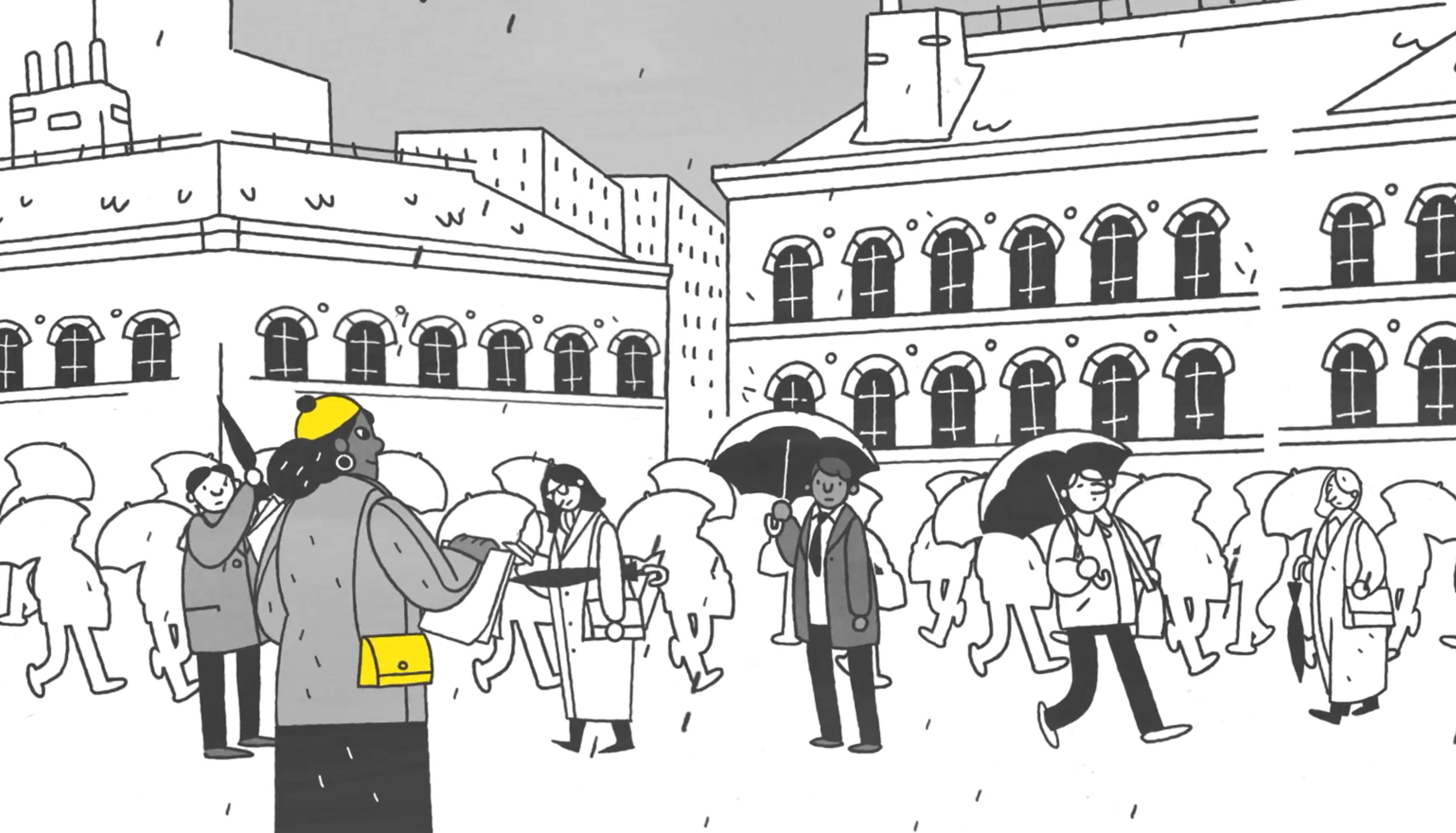 animated sketch of woman holding street paper with people passing by