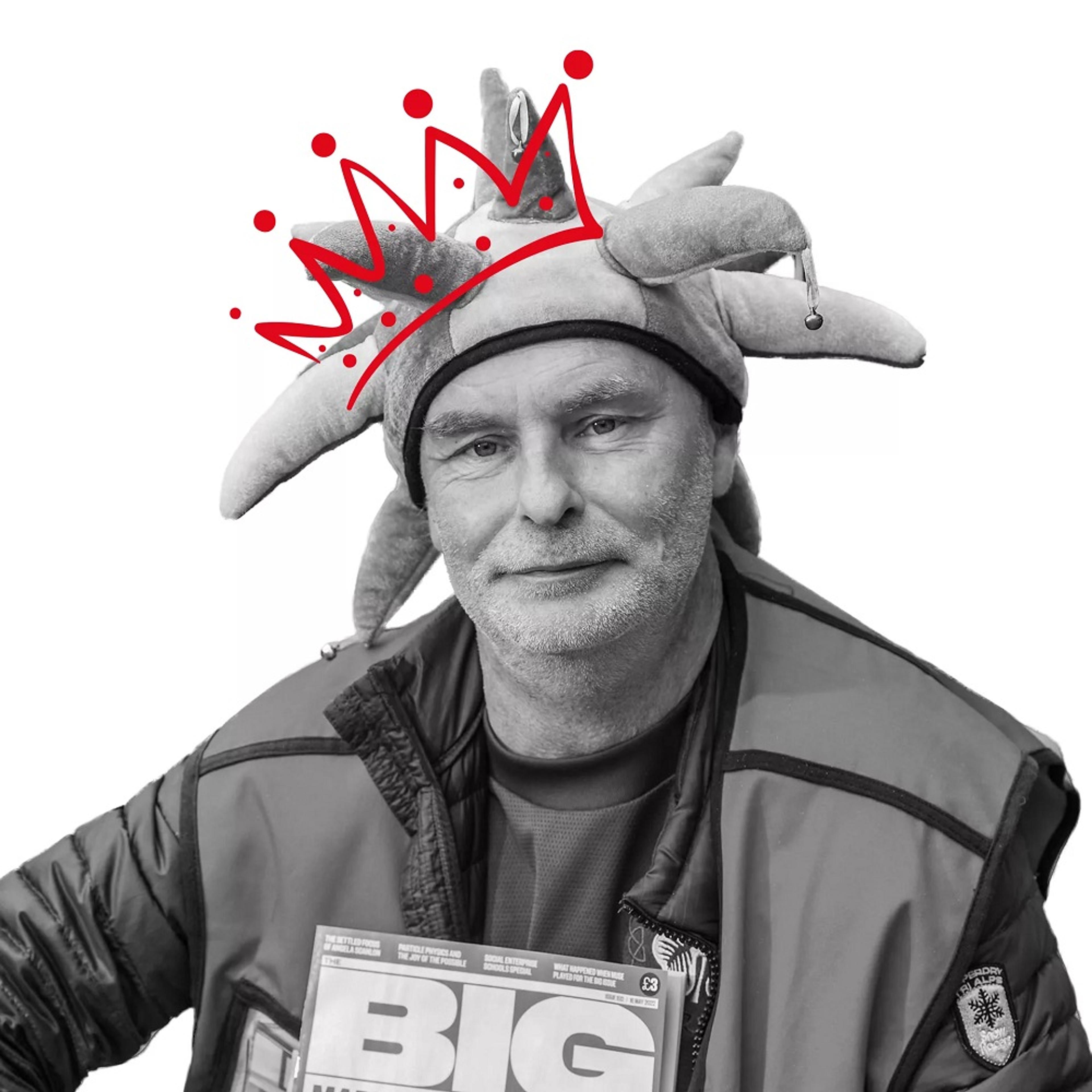 Man with jester hat and animated red crown