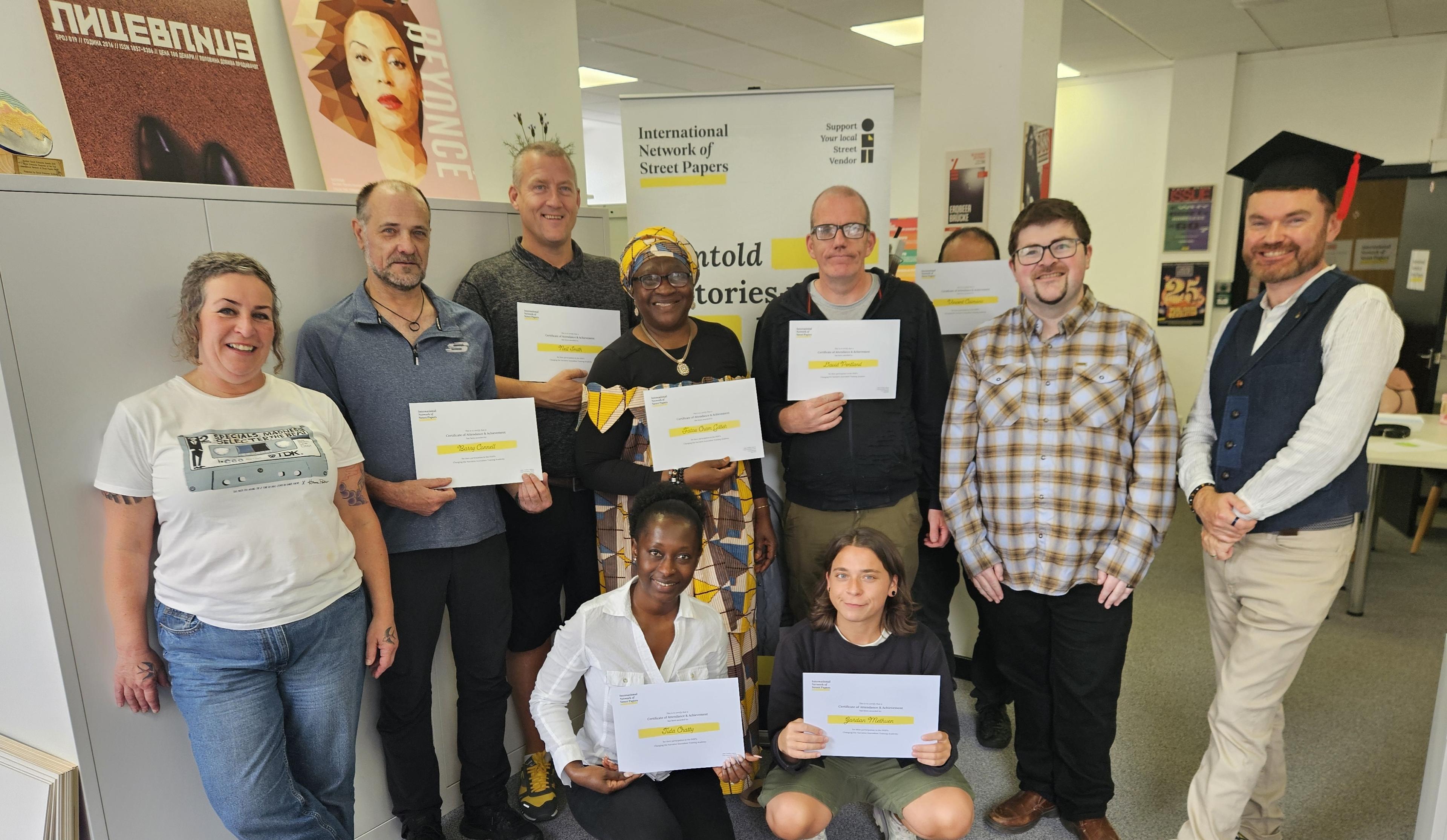 Changing the Narrative Journalism Training Academy graduates, with Mike Findlay-Agnew and Mairi Damer.