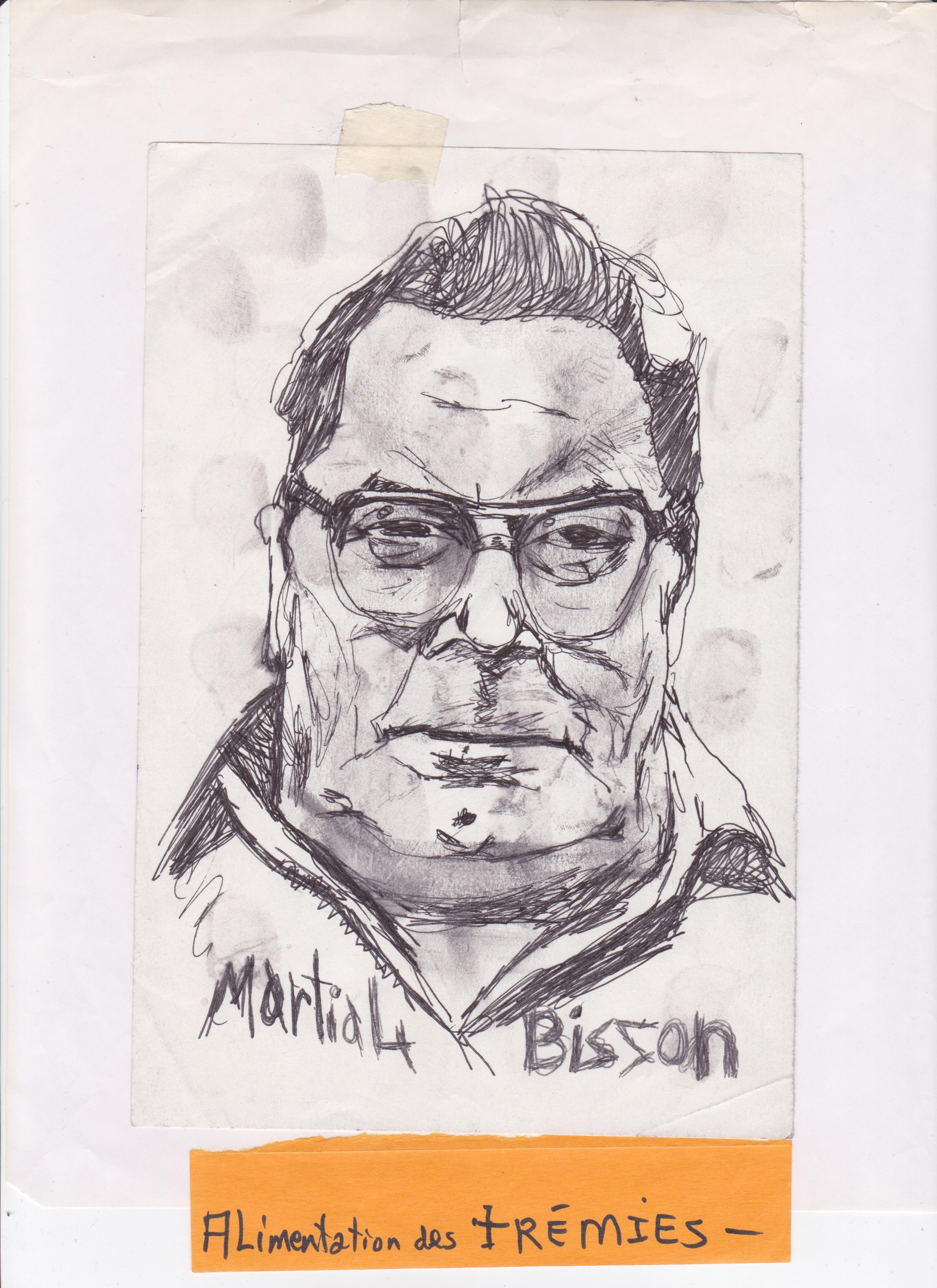 A portrait of a Québec factory worker named Martial Bisson. Underneath the drawing, it states his job title: "Alimentation des trémies"