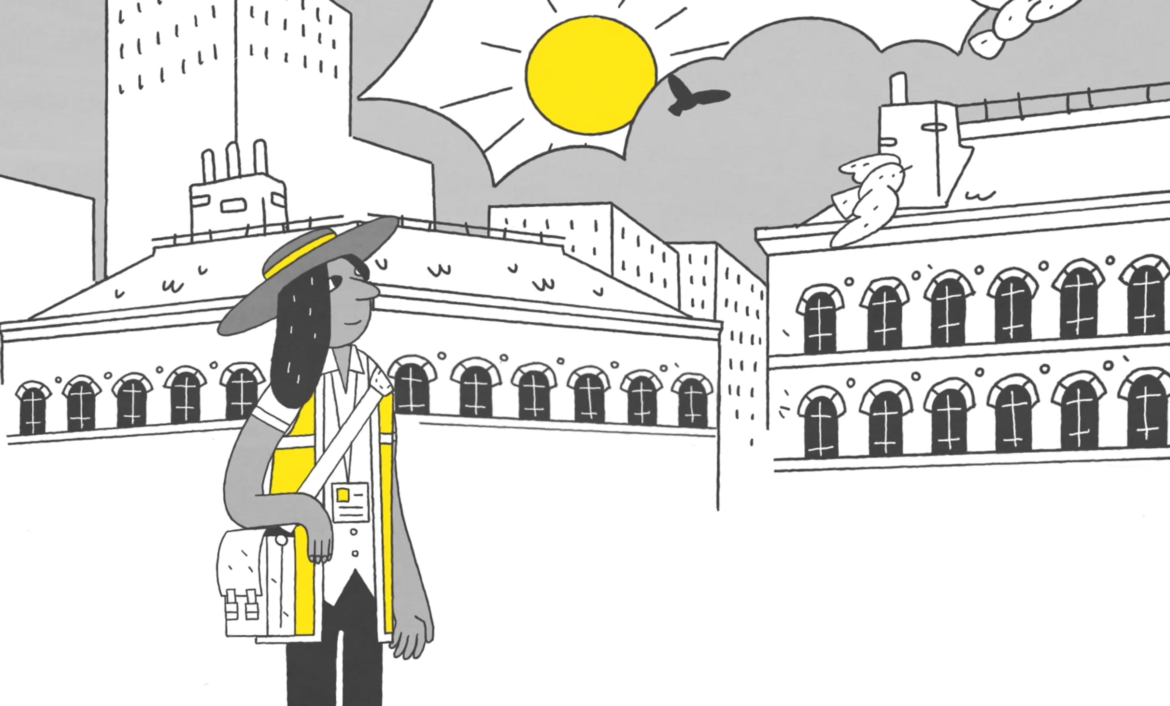 Animated image of street paper vendor looking into the sun 