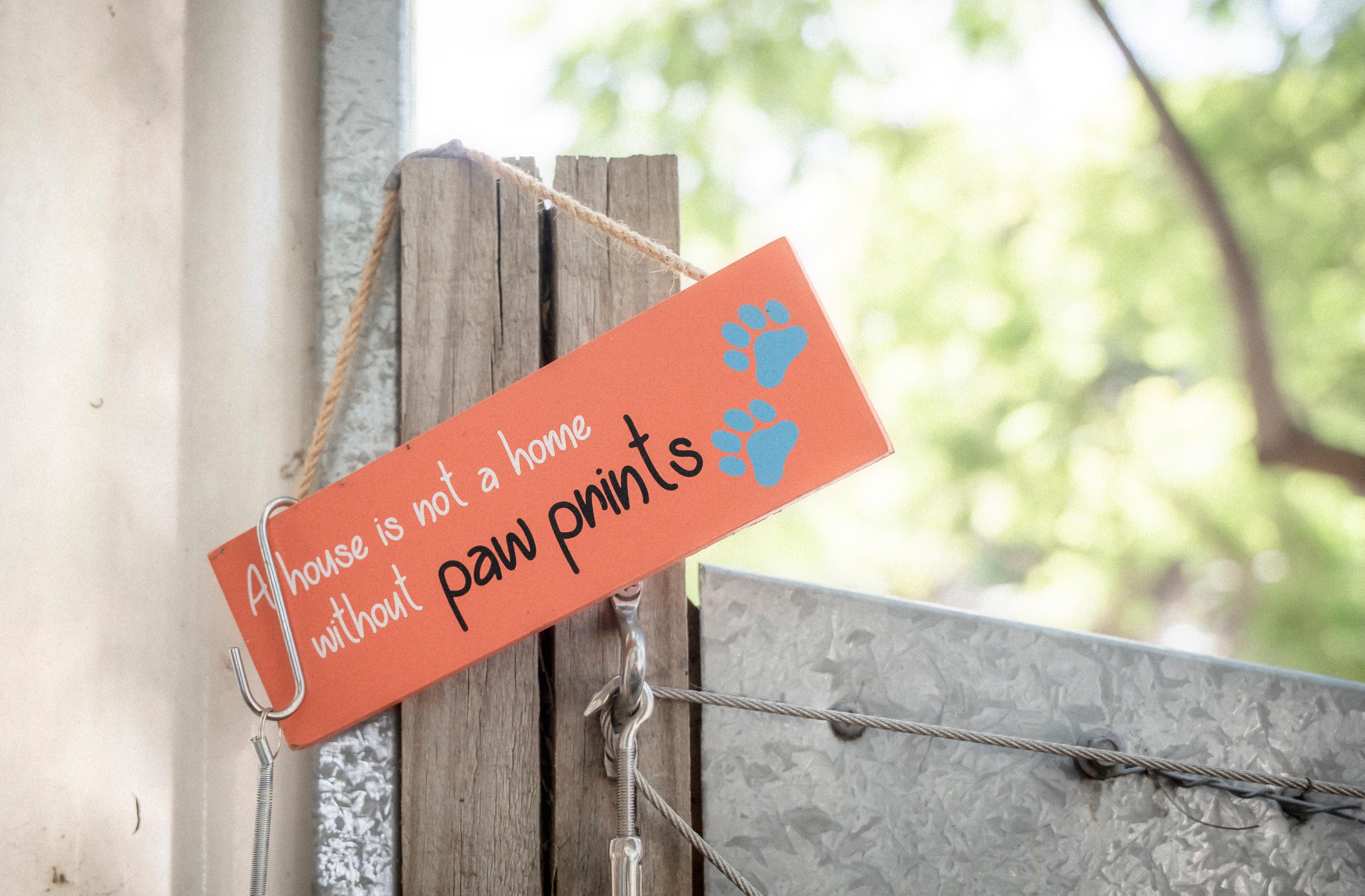 A sign which says: "A house is not a home without paw prints"