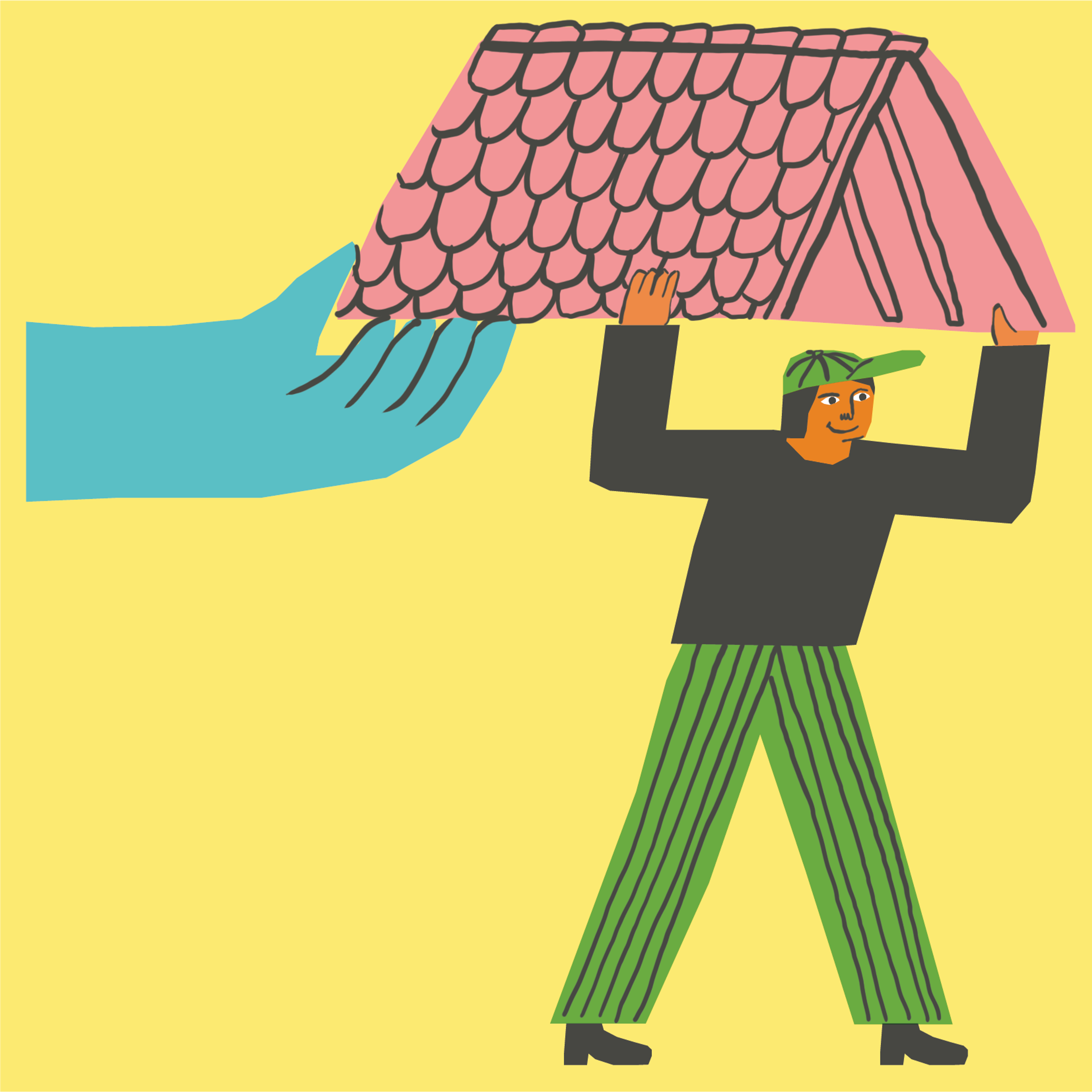 A colourful illustration depicts a man with a green hat and trousers and a black top holding a roof over his head, while a mysterious blue hand helps him carry the load, against a yellow background