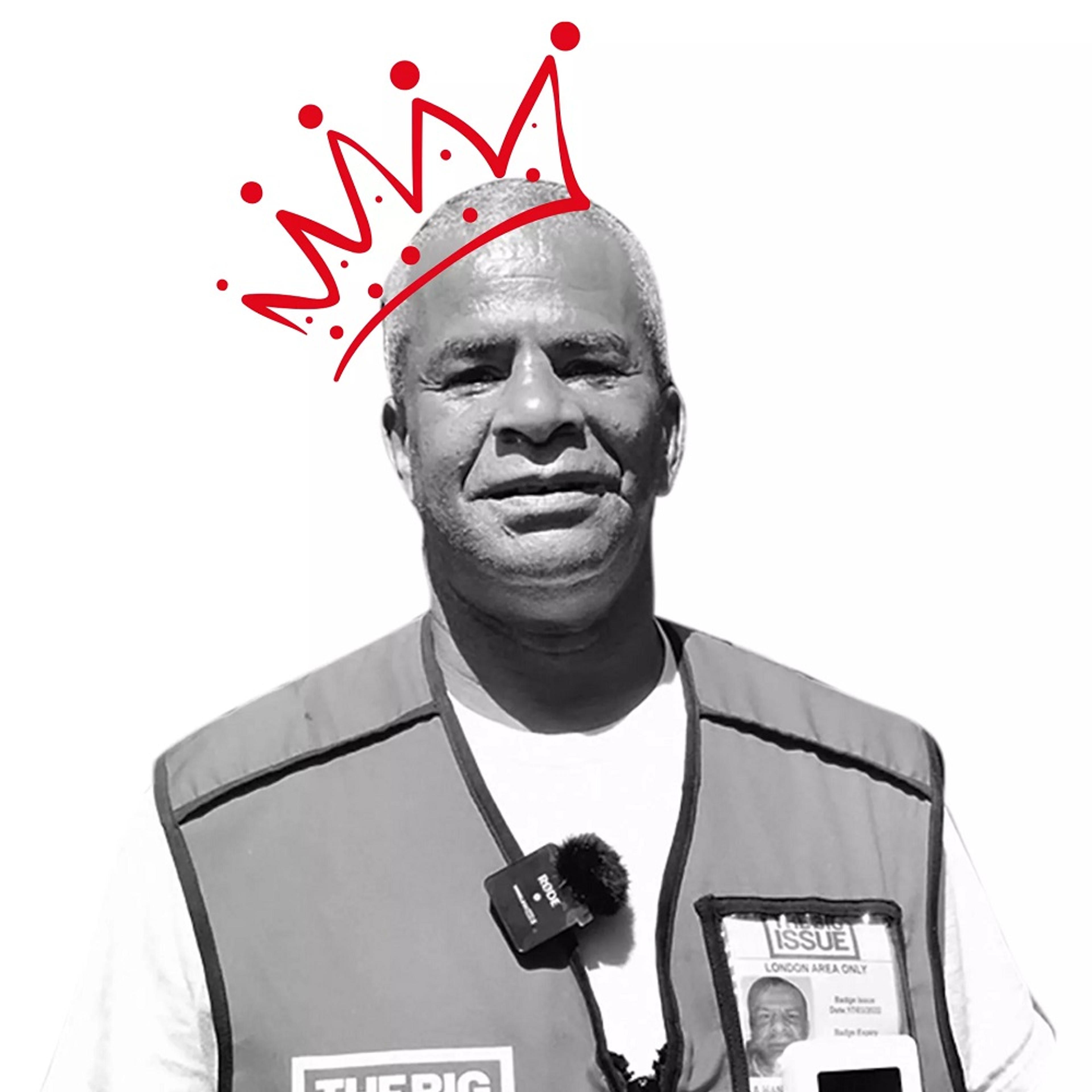 Black and white photo of man with red crown