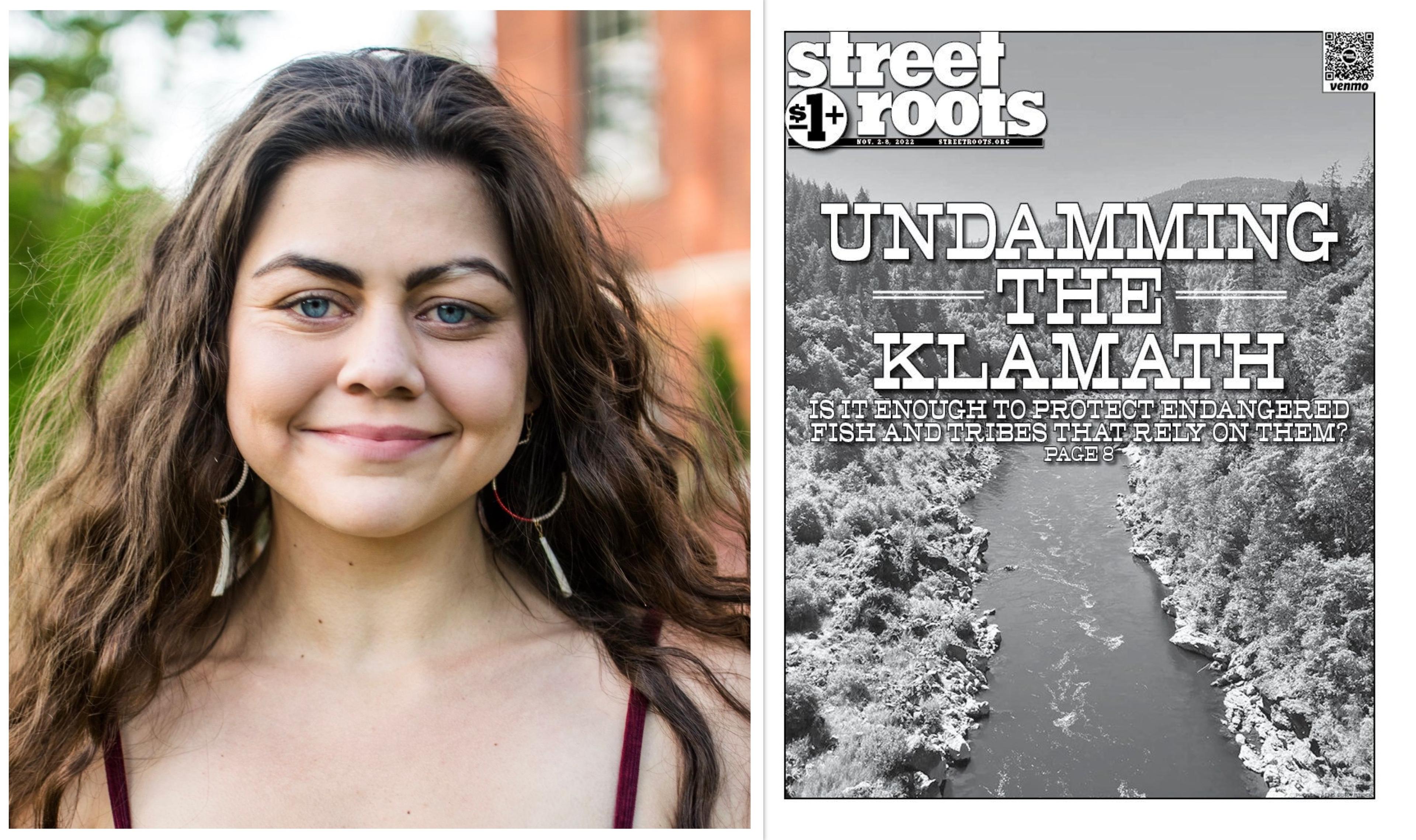 A headshot of Street Roots reporter Melanie Henshaw alongside a recent cover of the Street Roots street paper