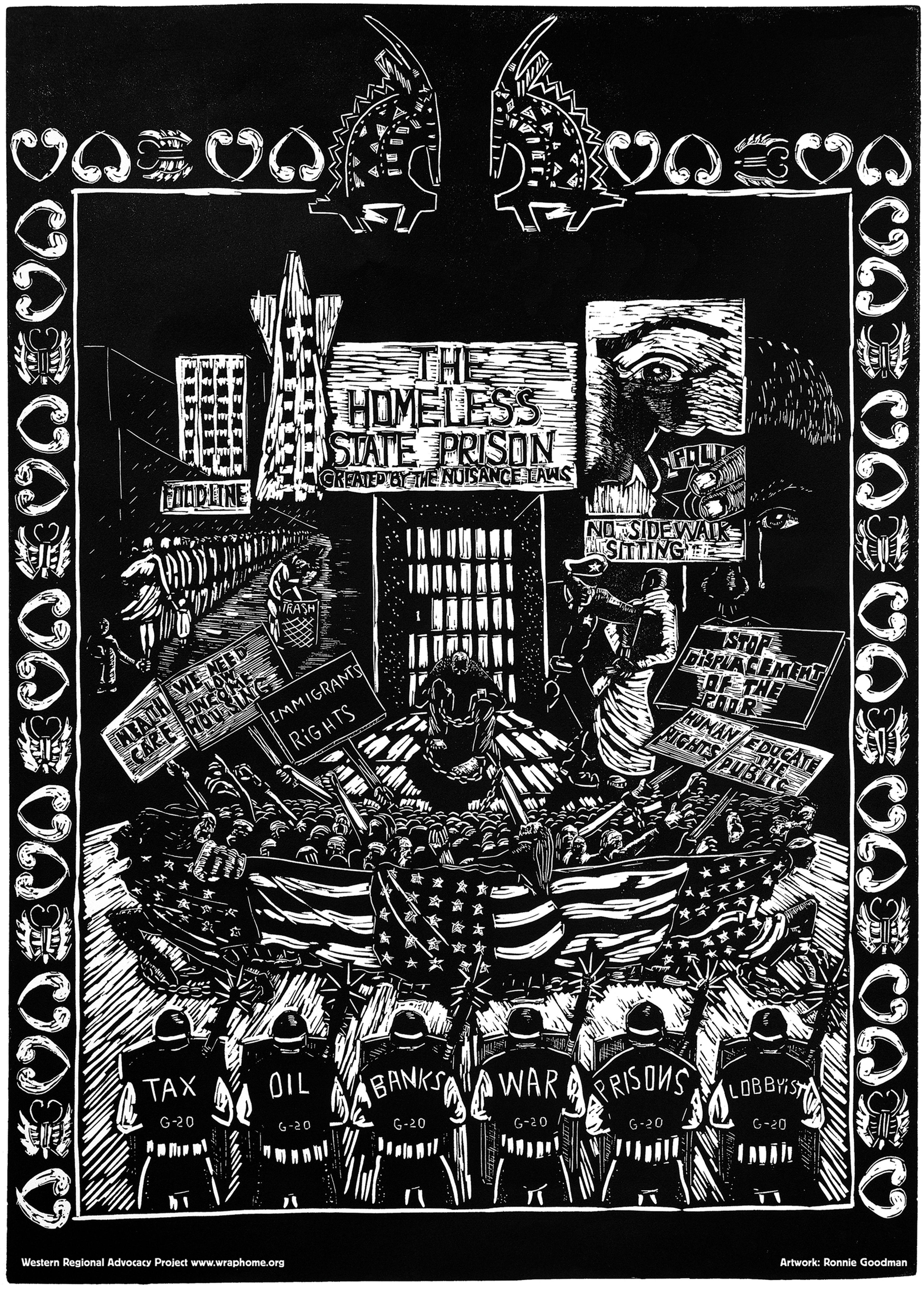 A poster which depicts things like immigrant rights, and public education and health care, as being beaten back by tax, oil, banks, war, prisons and lobbyists